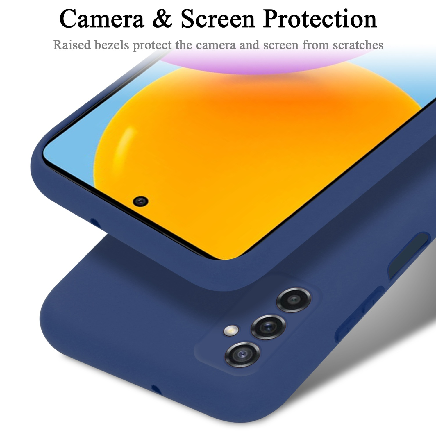 Una custodia per telefono blu protegge lo schermo e la fotocamera con le cornici rialzate.