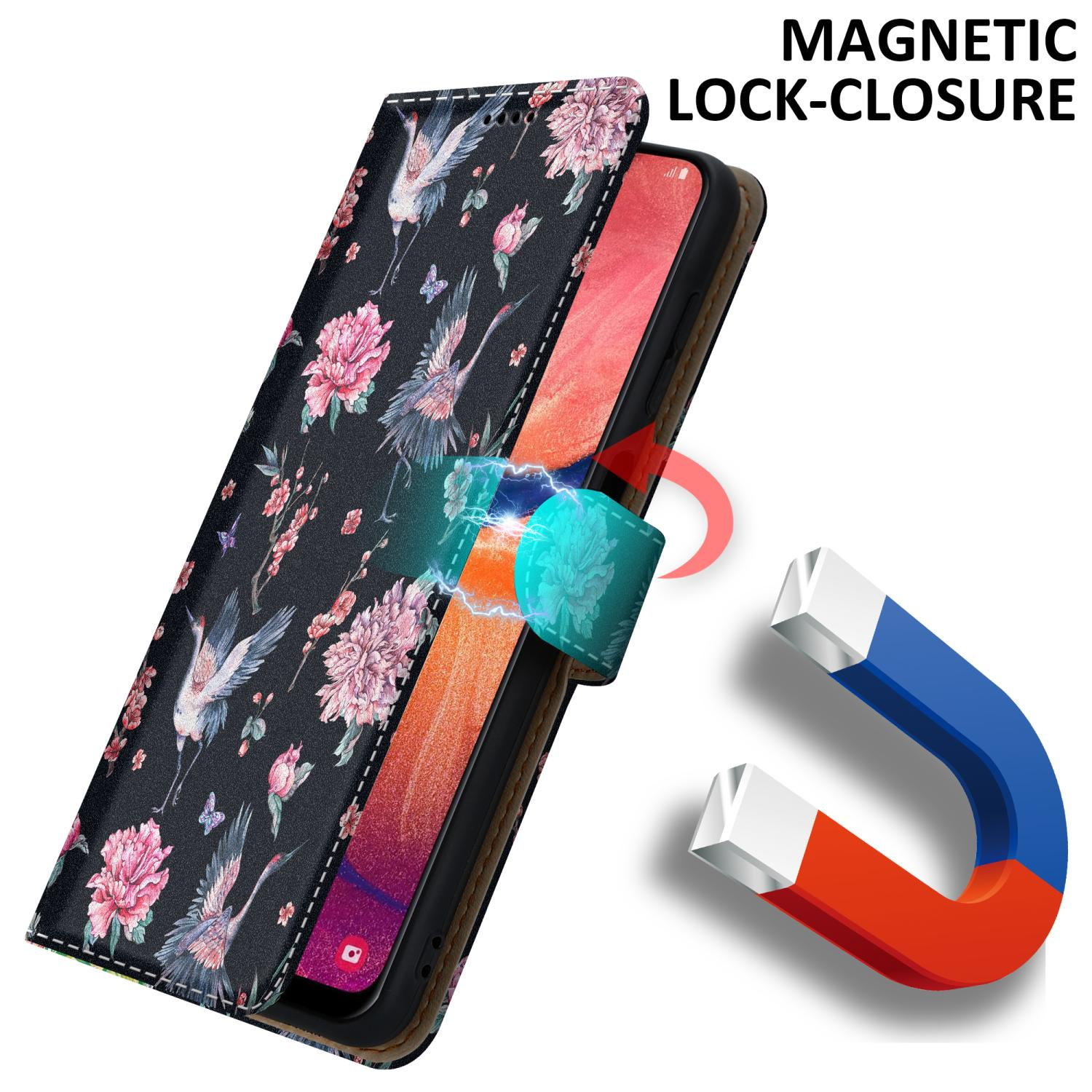 Telefono in custodia floreale, con dettaglio di chiusura magnetica.