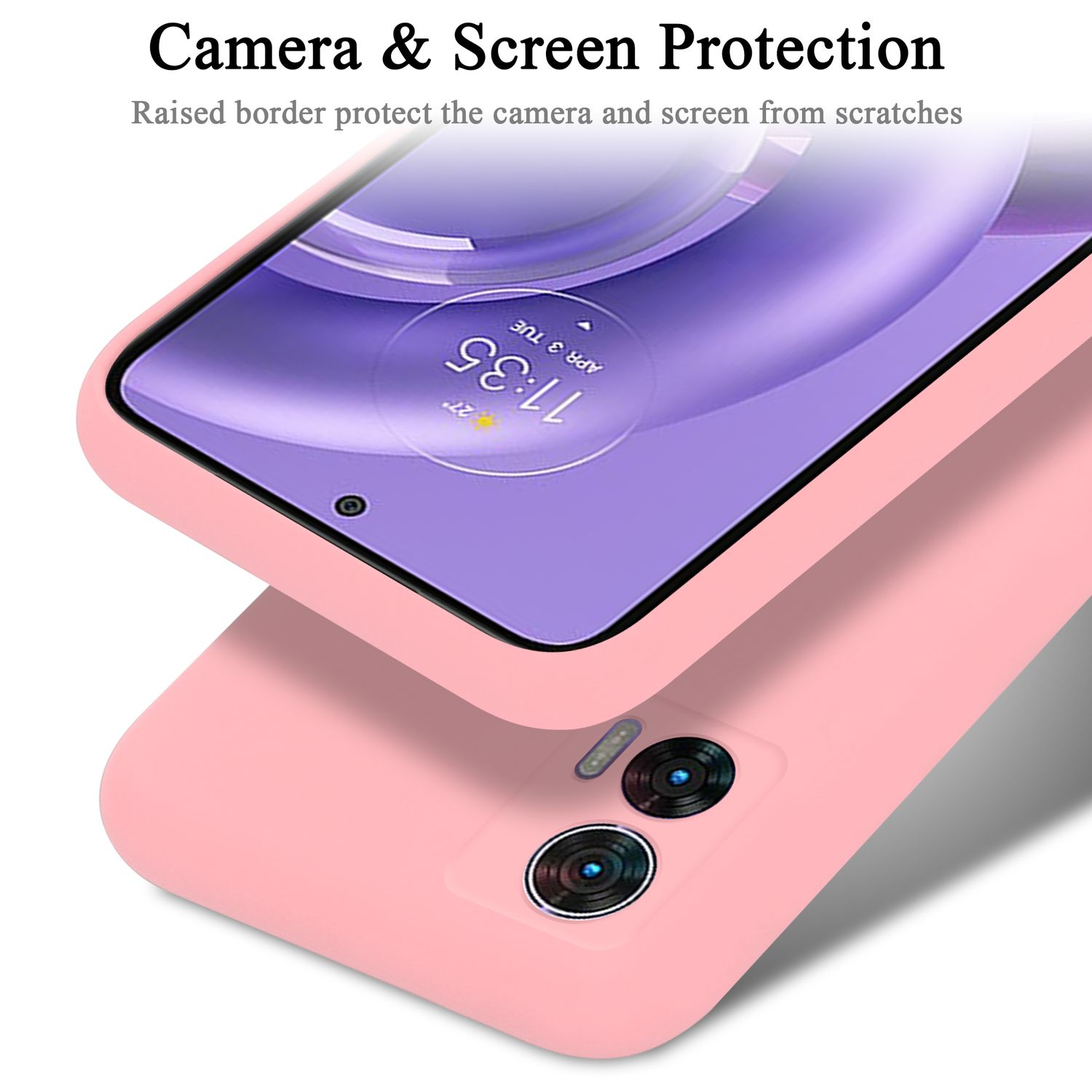 Eine rosa Handyhülle mit einem Telefon darin. Der Text oben lautet Kamera- und Bildschirmschutz.