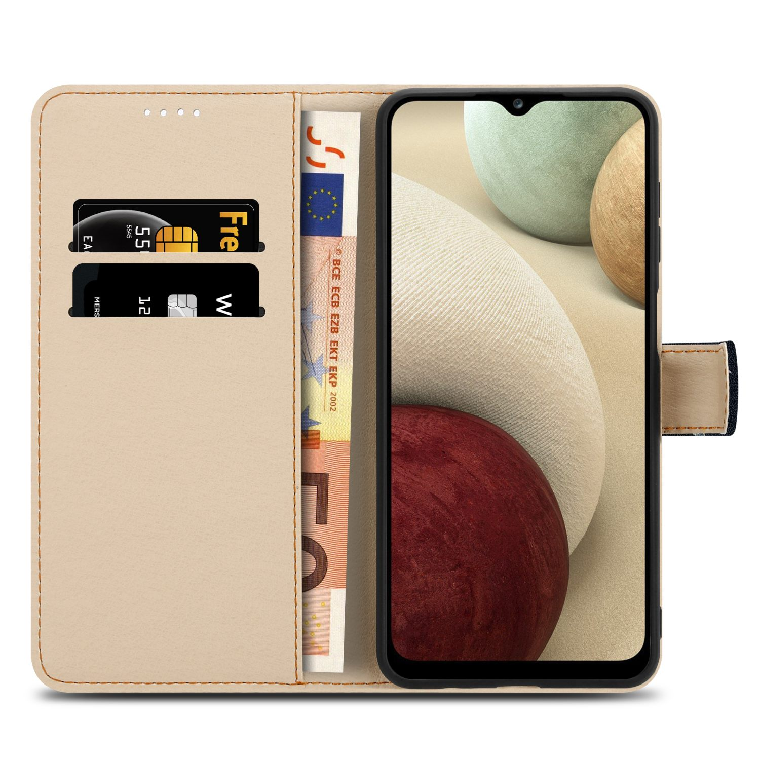 Telefono in custodia a portafoglio in pelle beige, con banconote in euro e carte di credito.