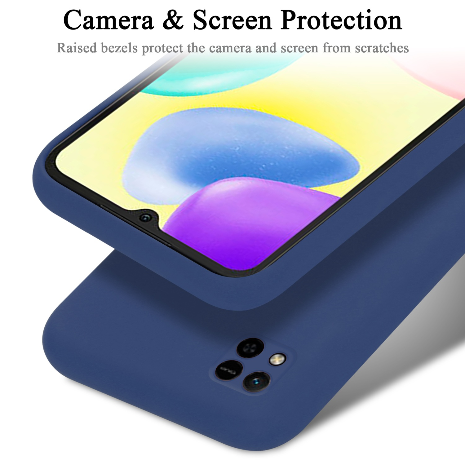 Nahaufnahme einer blauen Handyhülle, die einen Telefonbildschirm schützt.