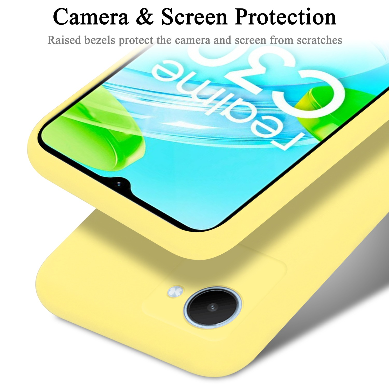 Eine gelbe Handyhülle mit einem Telefonbildschirm oben. Der Text 'Camera & Screen Protection' steht oben.