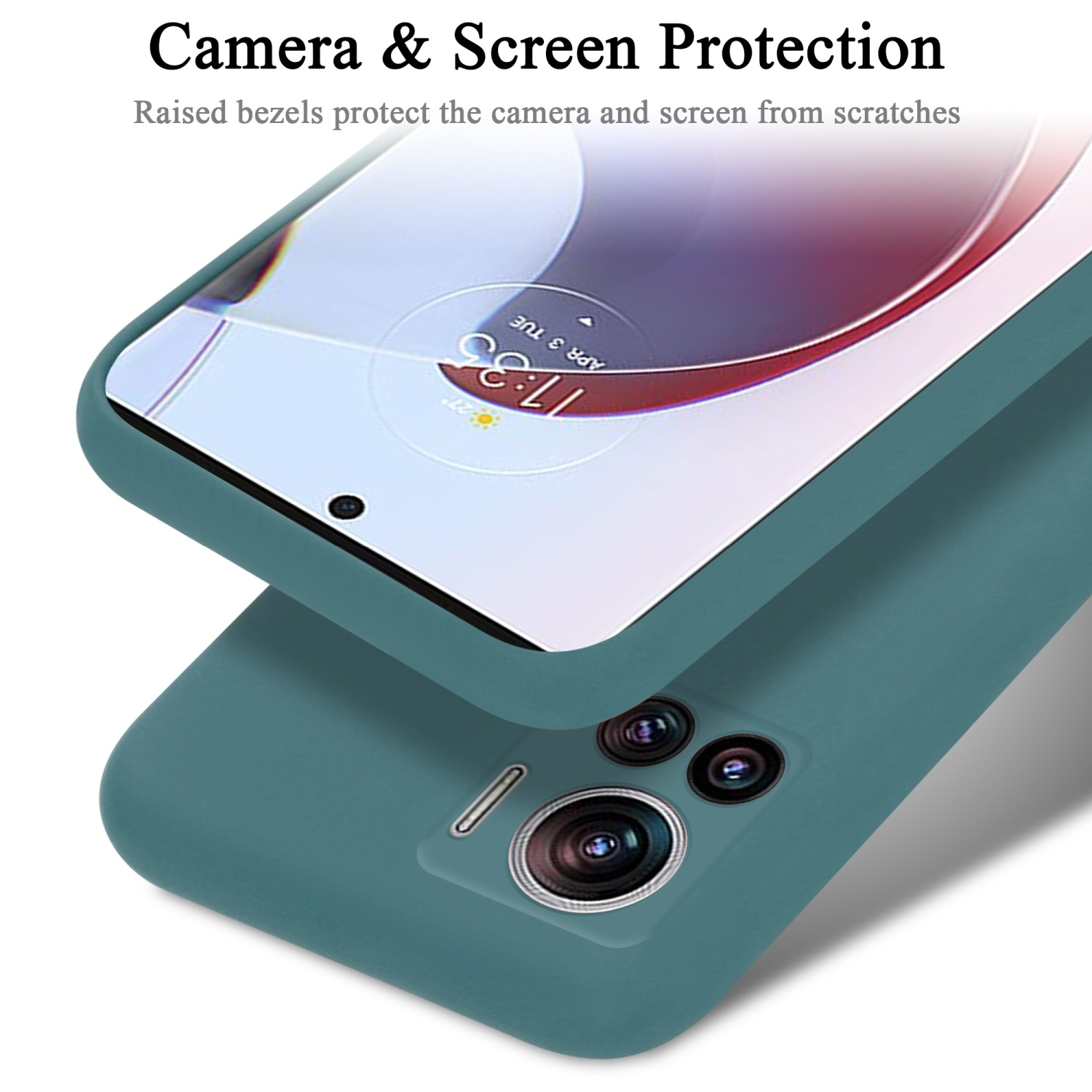 Custodia per telefono, verde acqua, protegge fotocamera e schermo. Schermo mostra l'ora.