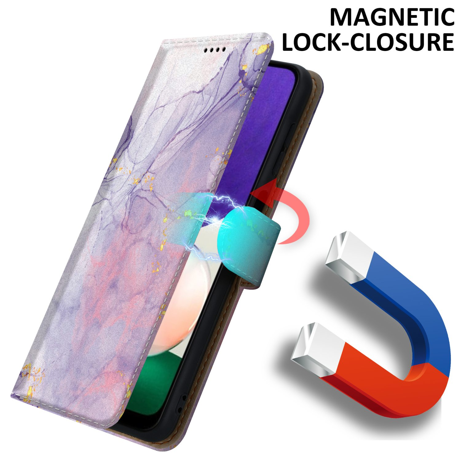 Lila Handyhülle mit Magnetverschluss. Ein Telefon ist sichtbar. Text: Magnetischer Verschluss. Rote und blaue Magnete.