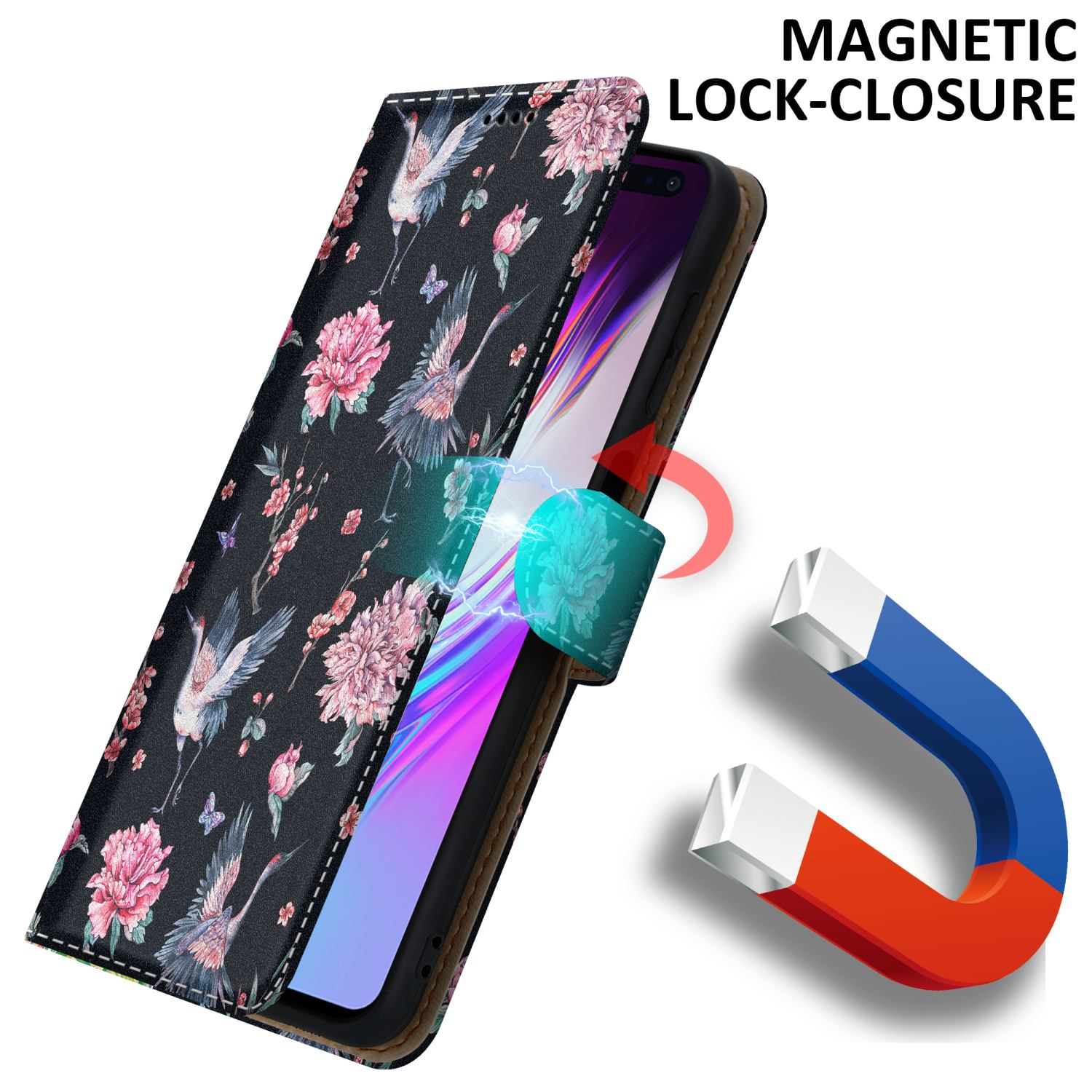 Custodia del telefono aperta, che mostra il telefono all'interno. Design floreale nero con un magnete. Testo: Chiusura magnetica.