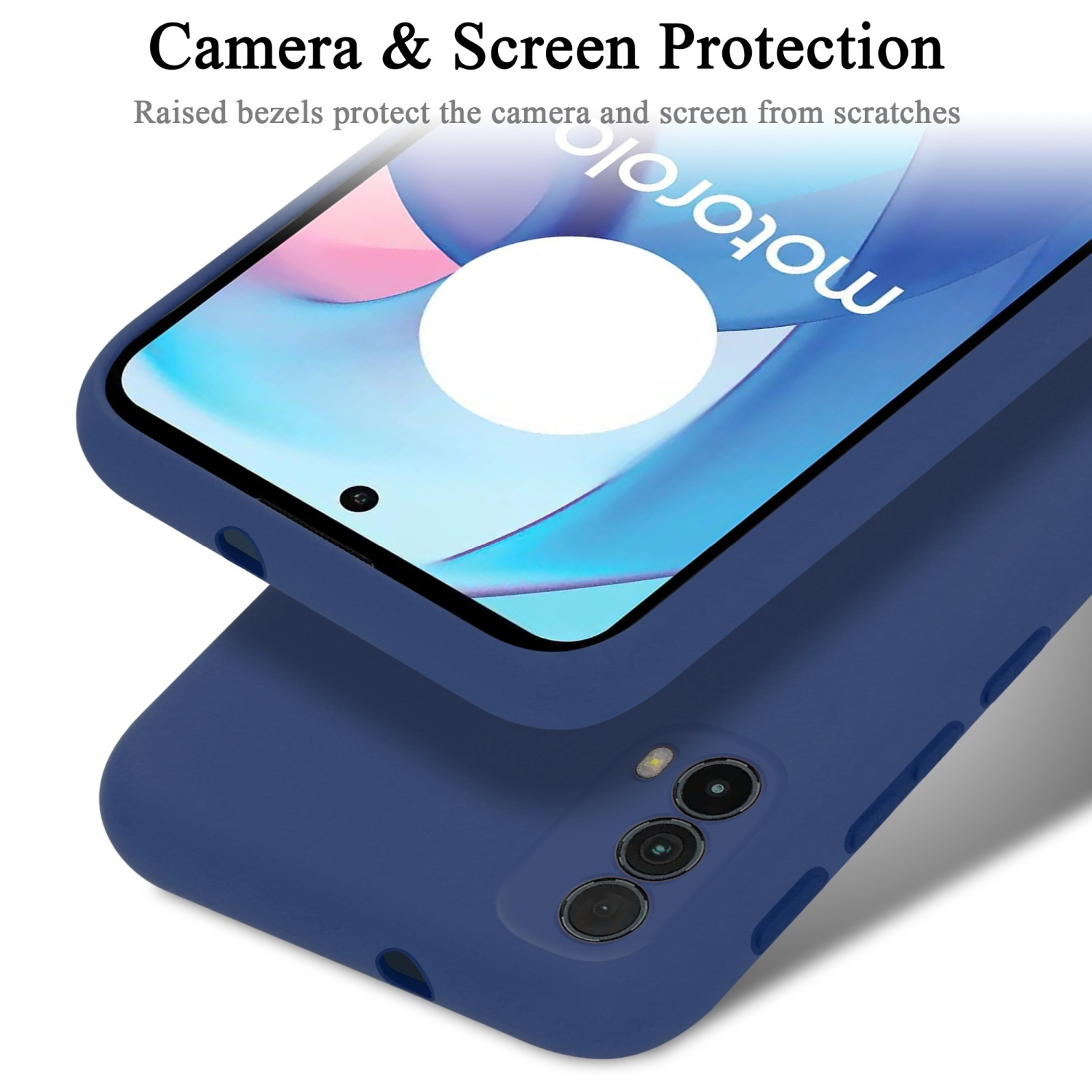 Custodia blu per telefono. Il telefono è blu. Viene pubblicizzata la protezione della fotocamera e dello schermo.