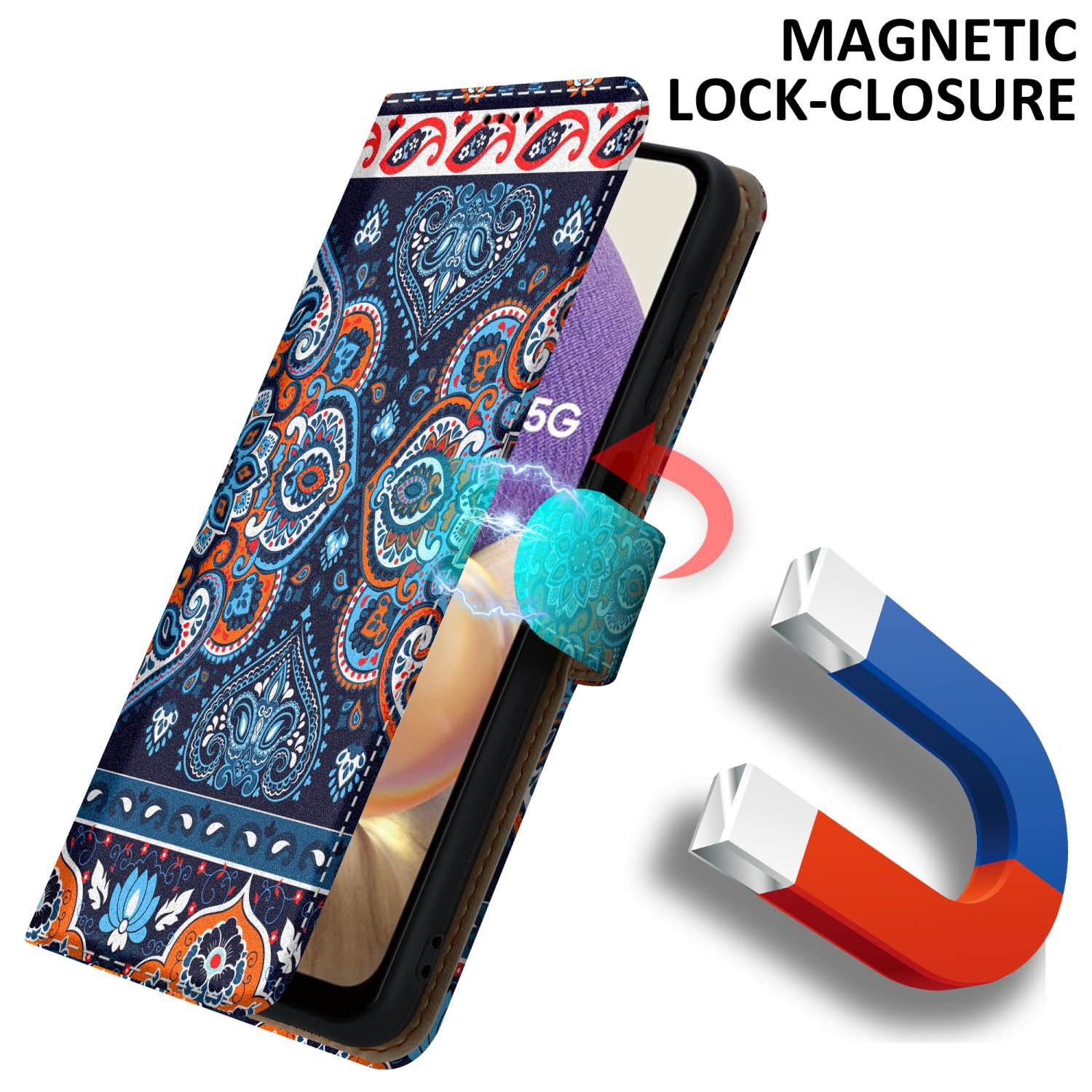 Custodia per telefono con chiusura magnetica, che mostra un design ornato e un elemento magnetico.