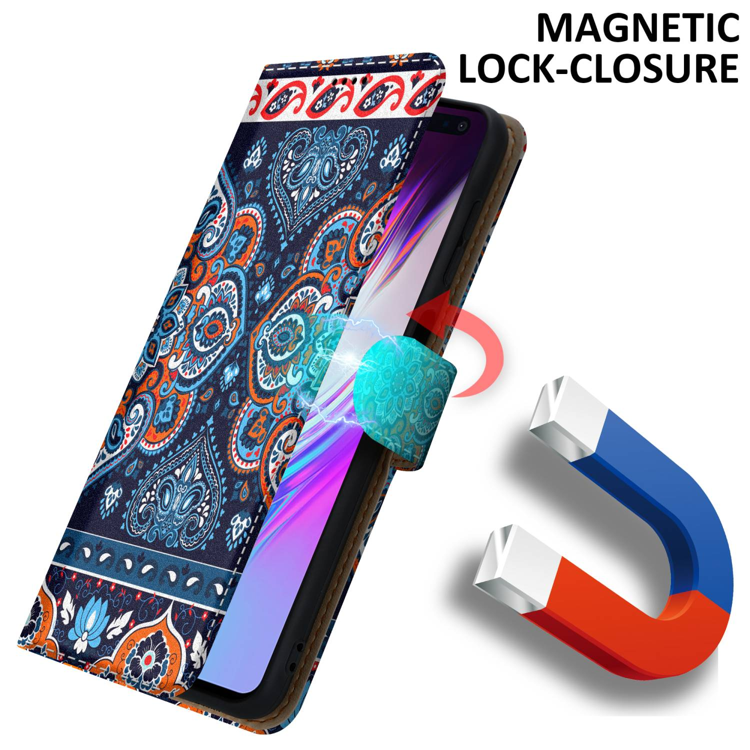 Smartphone in una custodia a fantasia con chiusura magnetica e magnete attaccato. Sfondo bianco.