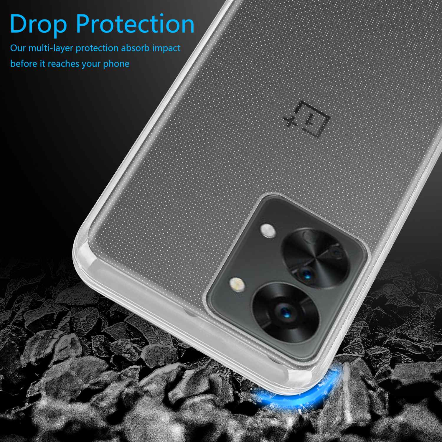 Telefono con custodia protettiva trasparente. Il testo recita 'Drop Protection'.
