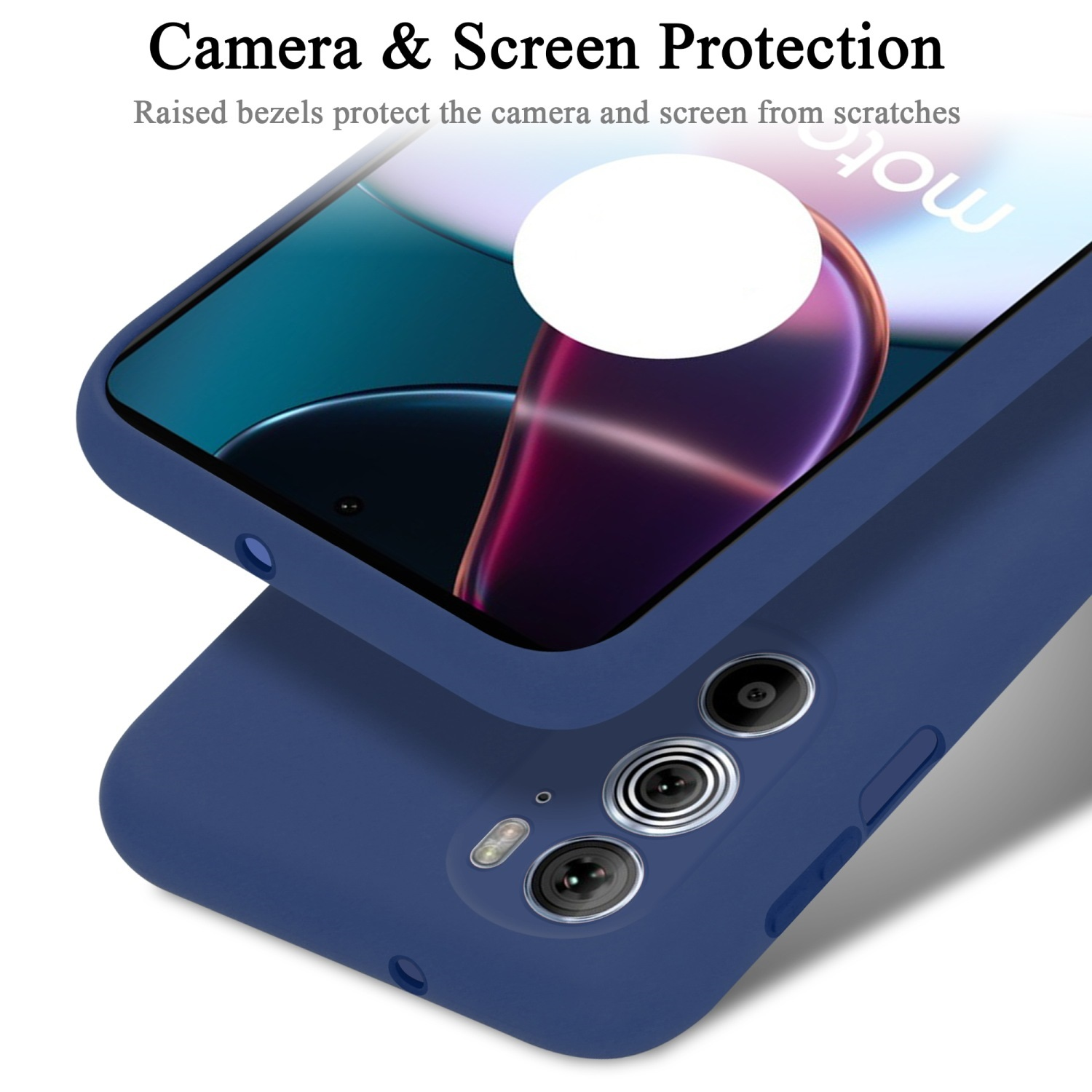 Blaue Handyhülle mit Telefon darin. Kamera und Bildschirm sind sichtbar.