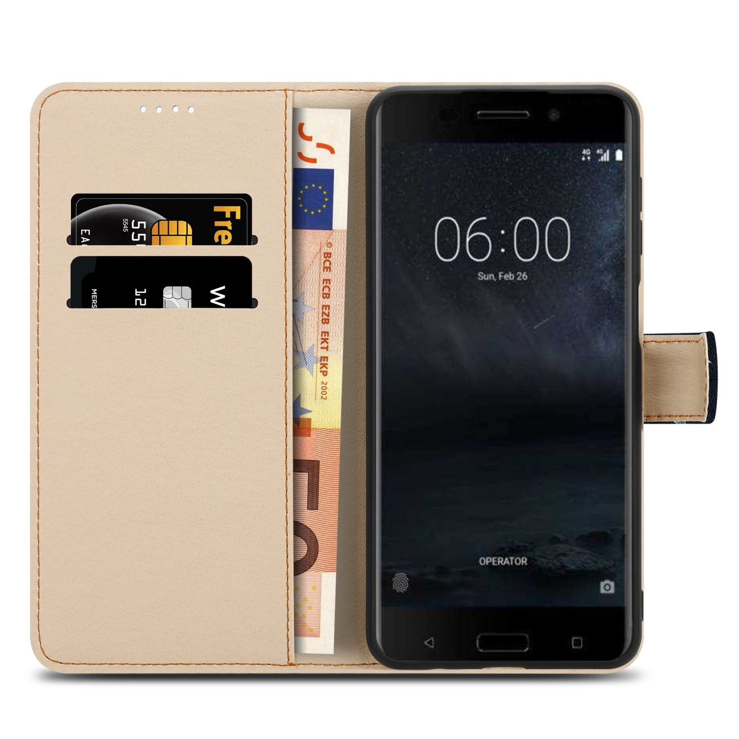 Telefono in custodia beige, aperto, mostra denaro e carte. Schermo nero mostra l'ora.