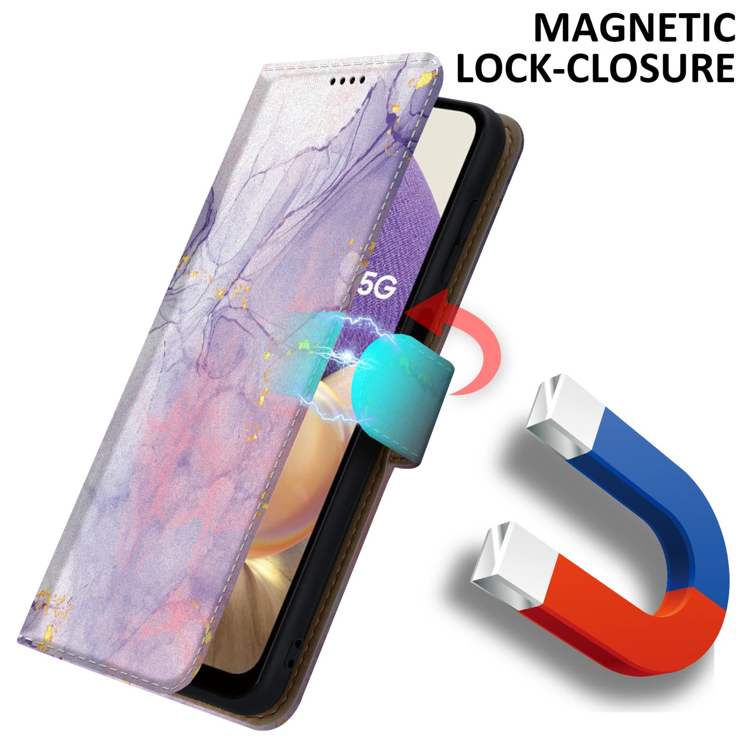 Custodia per telefono con design a marmo, che mostra la chiusura magnetica.