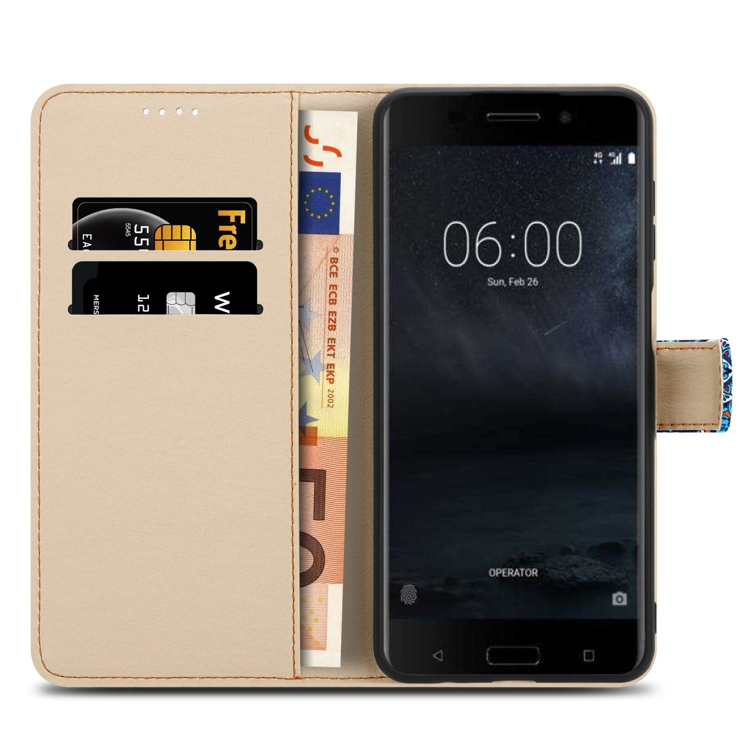 Custodia beige con telefono nero all'interno. Il display mostra l'ora e uno slot per schede.