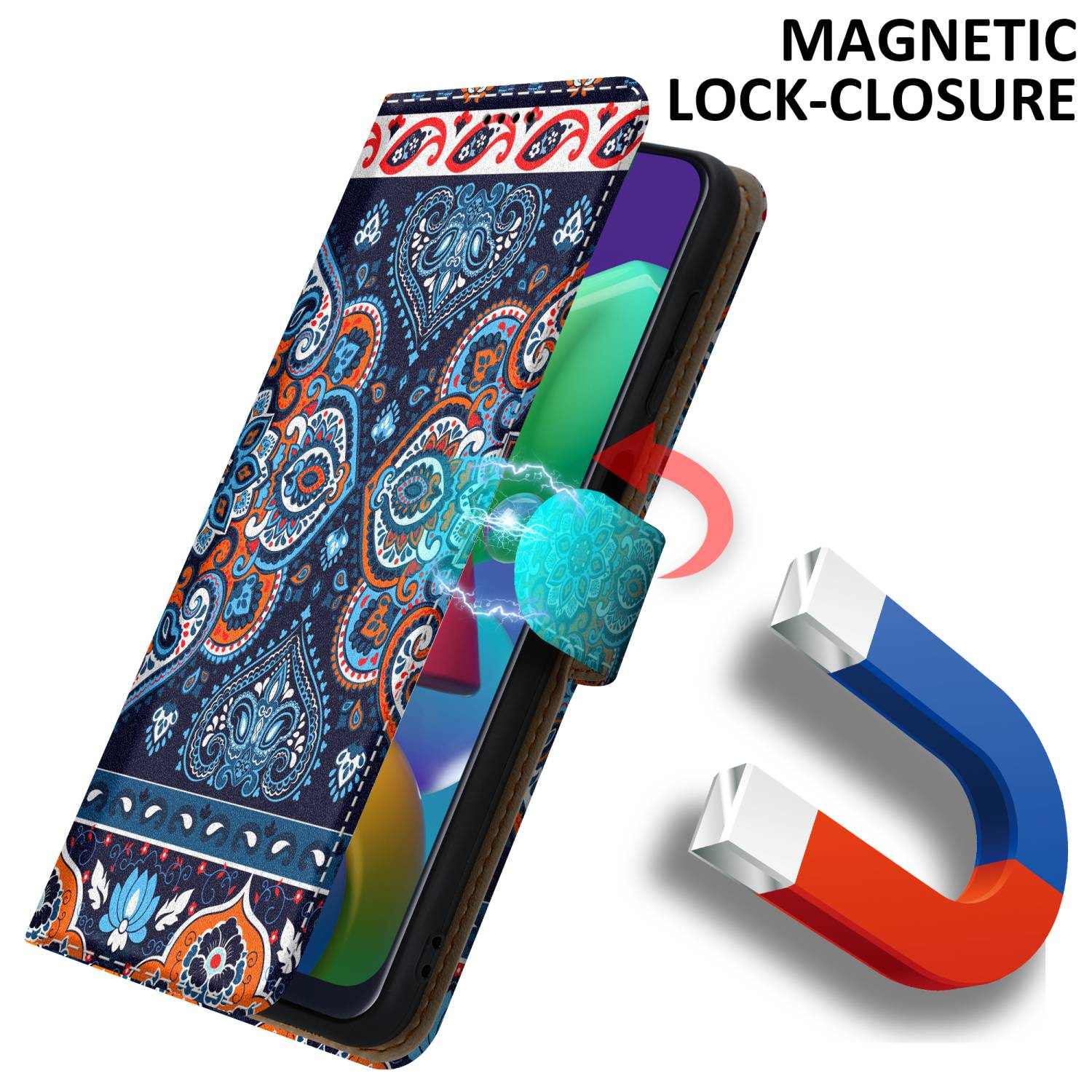 Custodia per telefono aperta con chiusura magnetica. Ha un design a paisley.