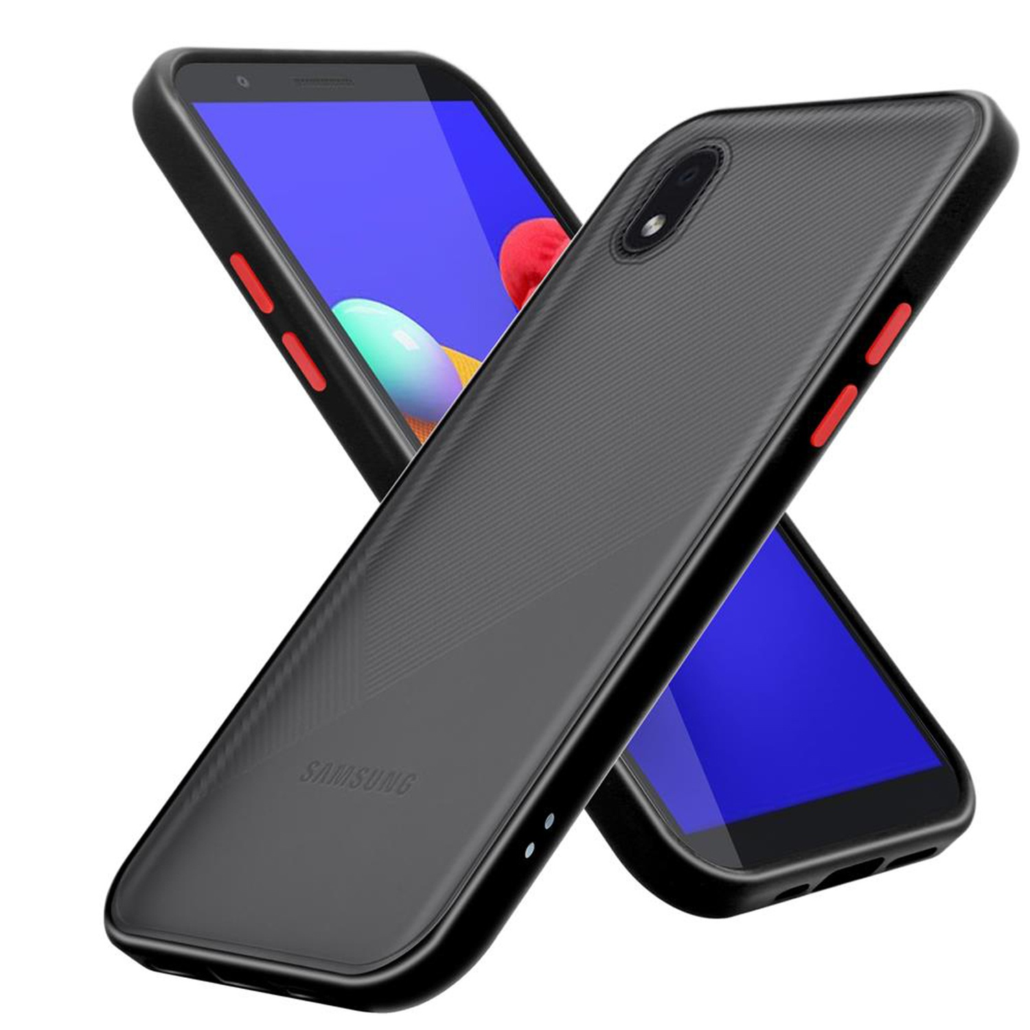 Schwarze Handyhülle mit roten Akzenten, zeigt ein Telefon auf schwarzem Hintergrund.