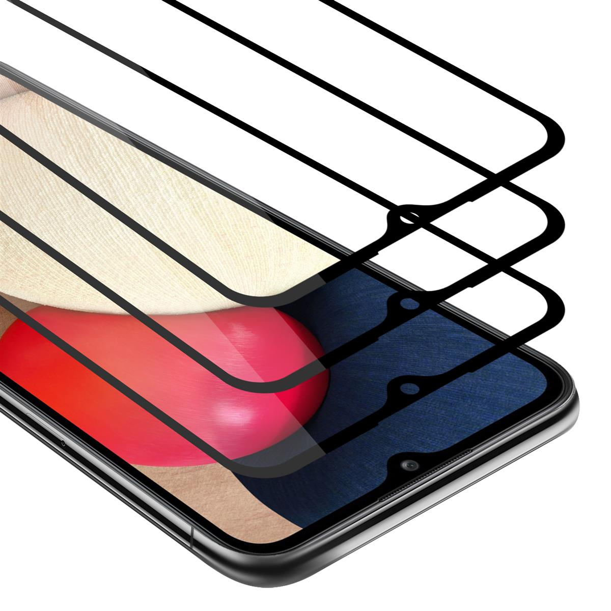 Tre protezioni schermo con bordi neri sono sovrapposte a uno schermo del telefono.