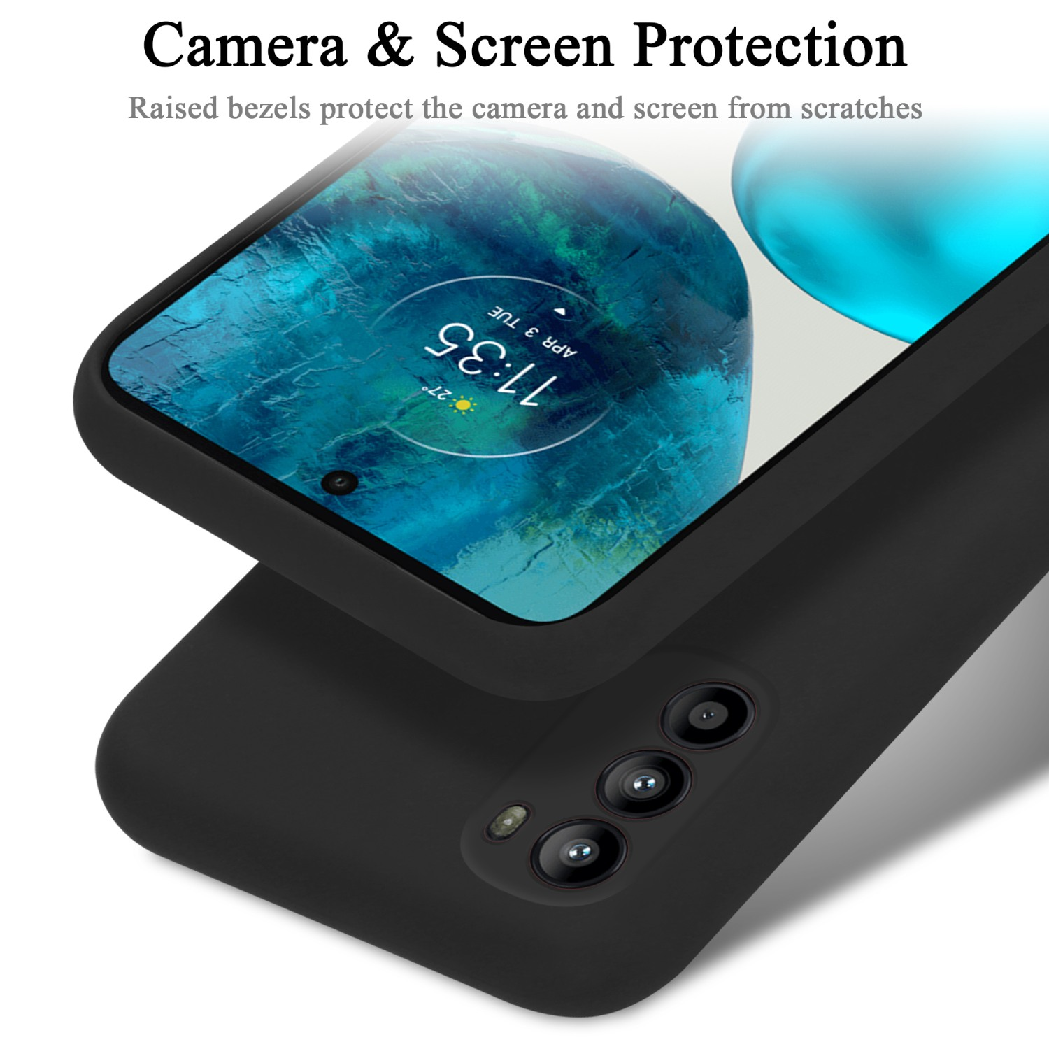 Handyhülle mit Telefon darin. Telefonbildschirm zeigt die Uhrzeit. Text: Camera & Screen Protection.