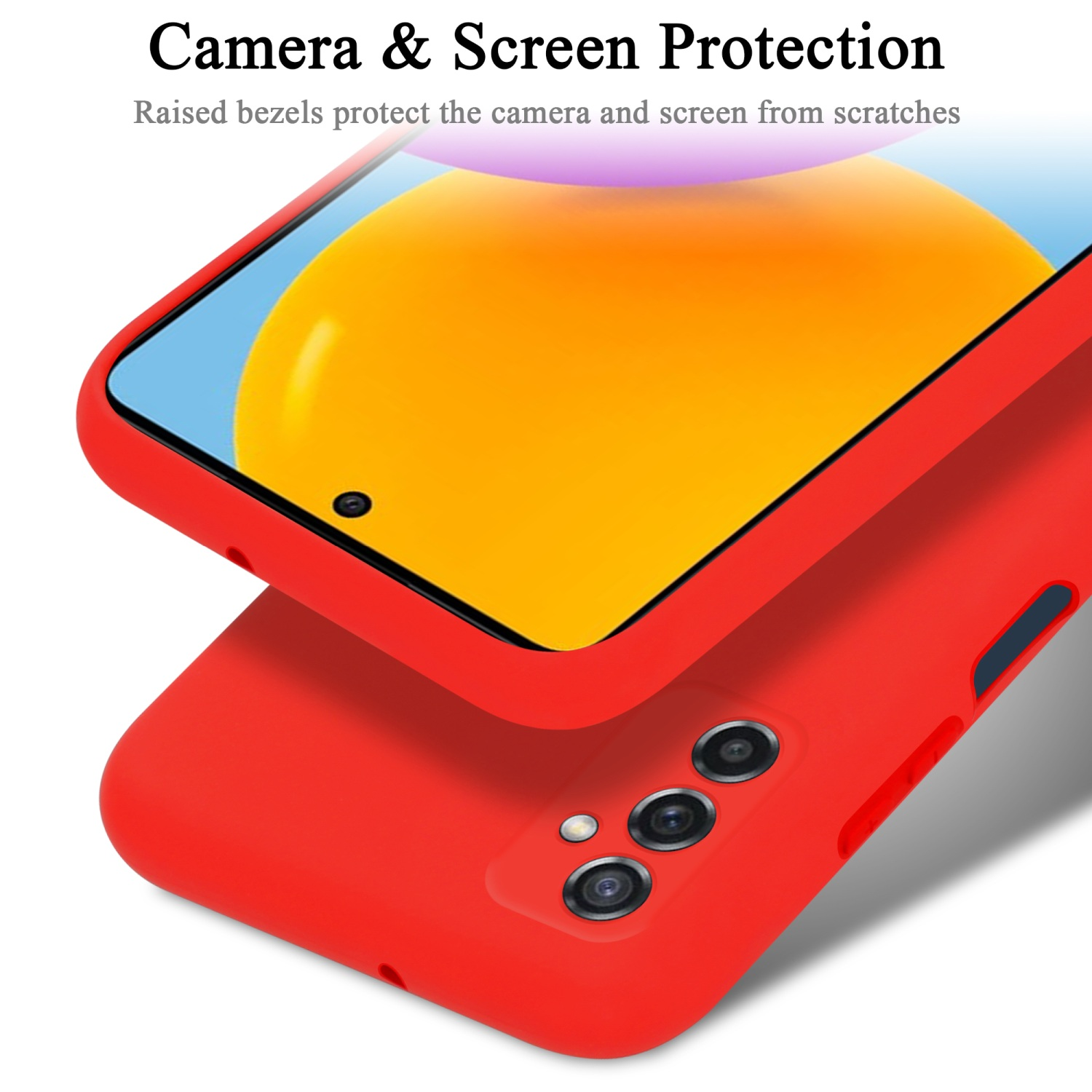 Custodia per telefono rossa con protezione fotocamera e schermo, che mostra un telefono con sfondo giallo.