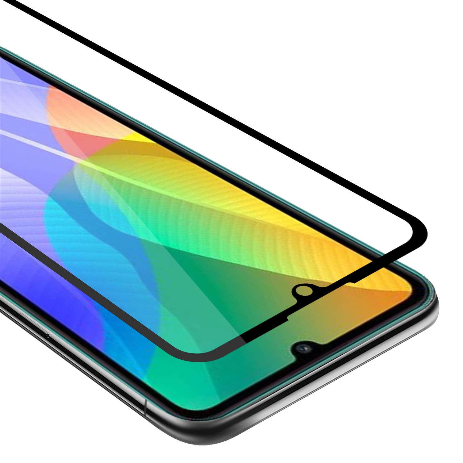 Una protezione schermo su un telefono. Lo schermo ha una grafica colorata e un bordo nero.