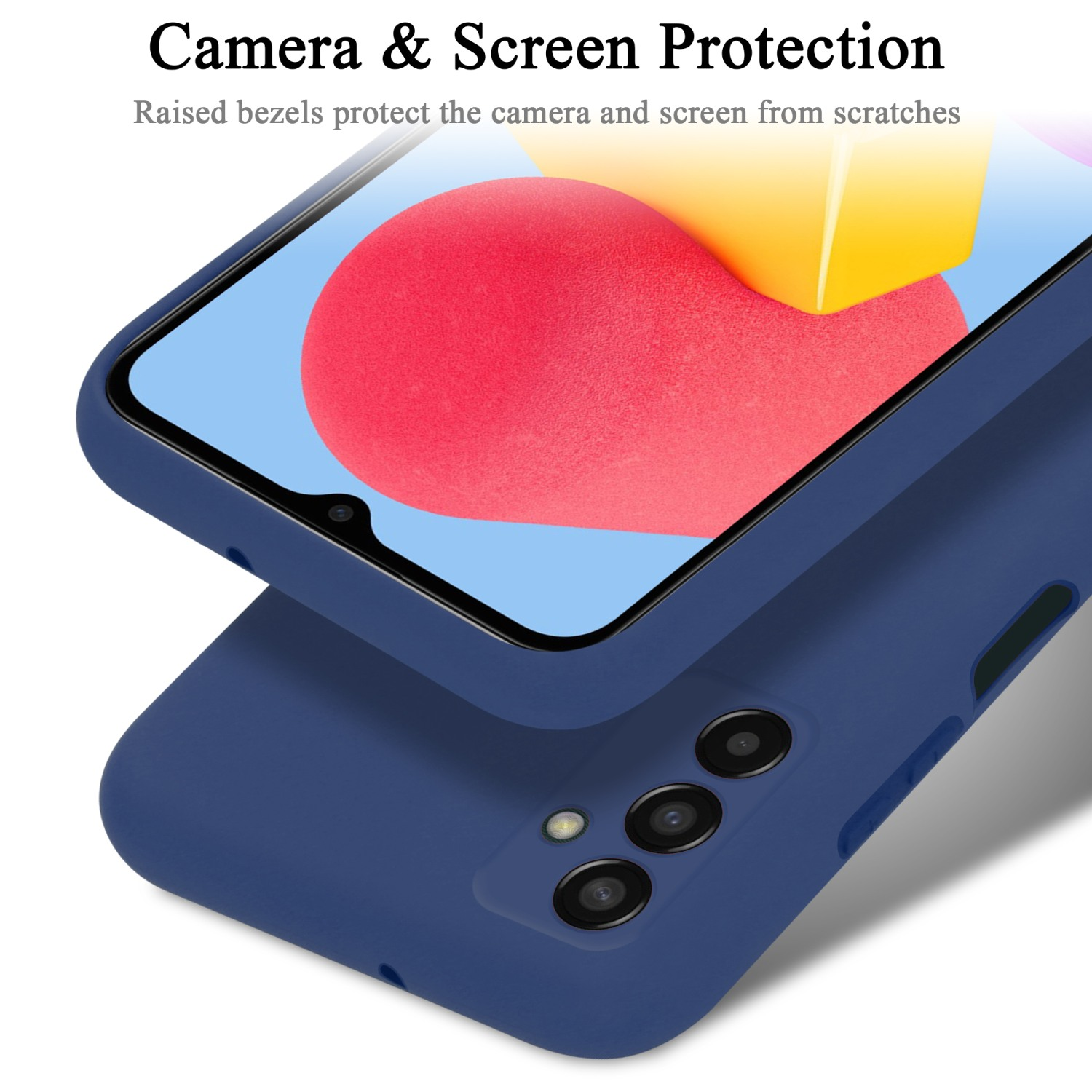 Ein Telefon in einer blauen Hülle. Die Hülle hat einen erhöhten Rahmen zum Schutz der Kamera.