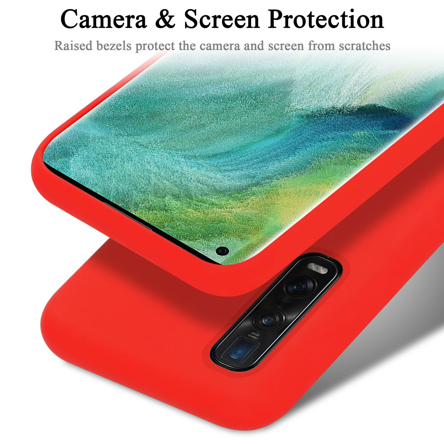 Rote Handyhülle mit Telefon. Die Hülle hat einen Kameraausschnitt.
