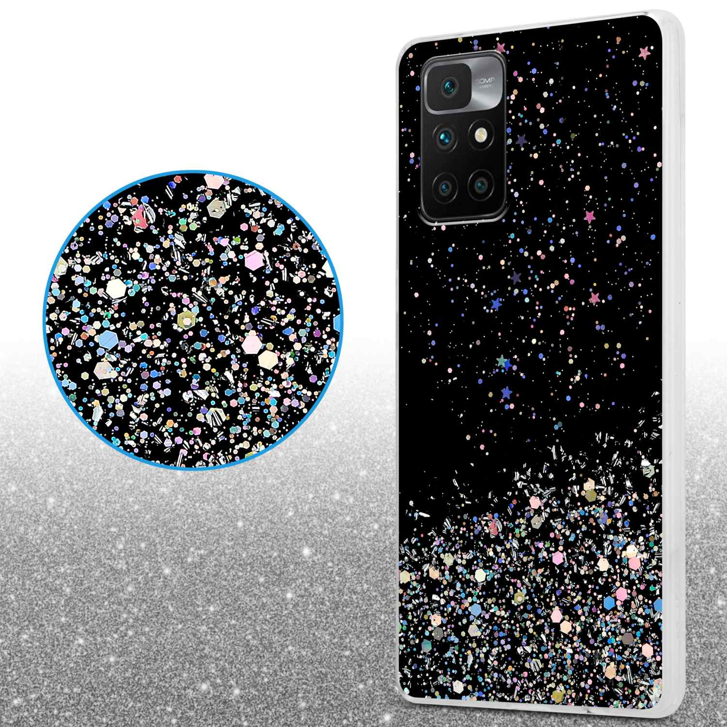 Custodia per telefono con design glitterato, con una vista ravvicinata del design.