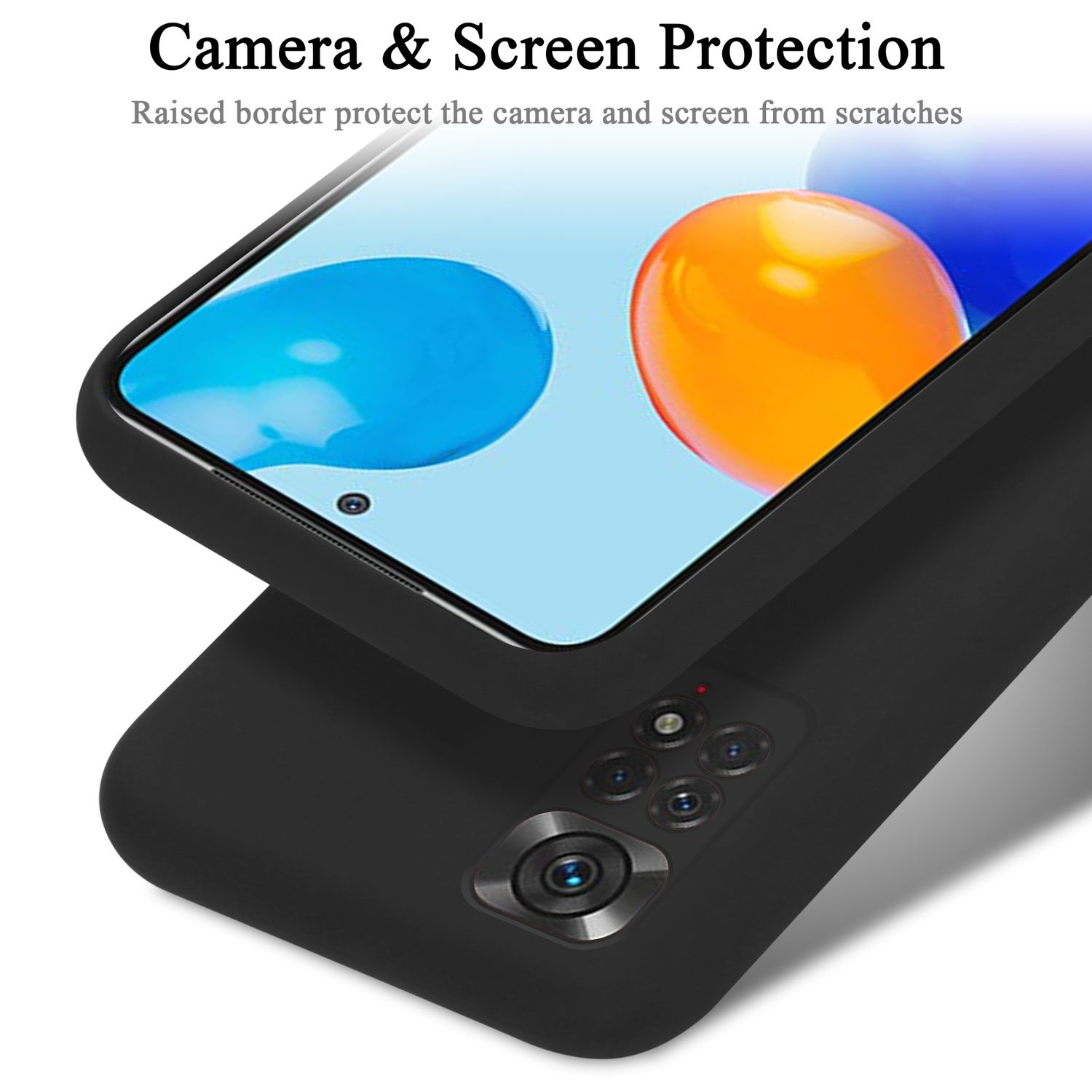 Schwarze Handyhülle, die zwei Telefone zeigt. Der Bildschirm zeigt blaue und orange Formen. Kameraschutz.