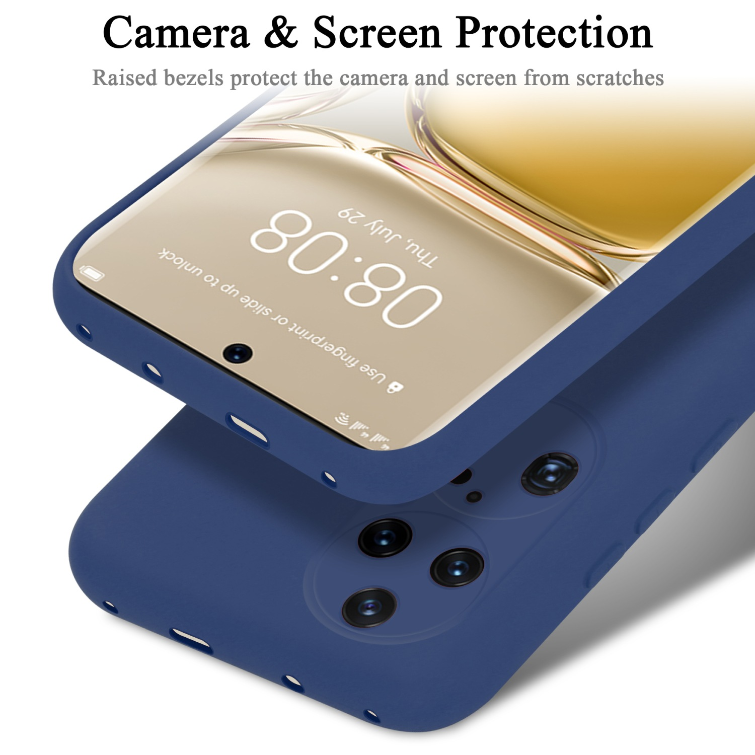 Handyhülle mit Telefon, Bildschirm sichtbar. Blaue Hülle mit Telefon auf Oberfläche, Kamera sichtbar.