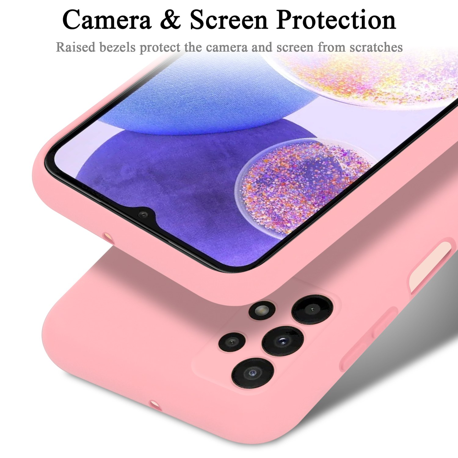 Eine rosa Handyhülle mit einem Telefon darin, das den Bildschirm- und Kameraschutz zeigt.
