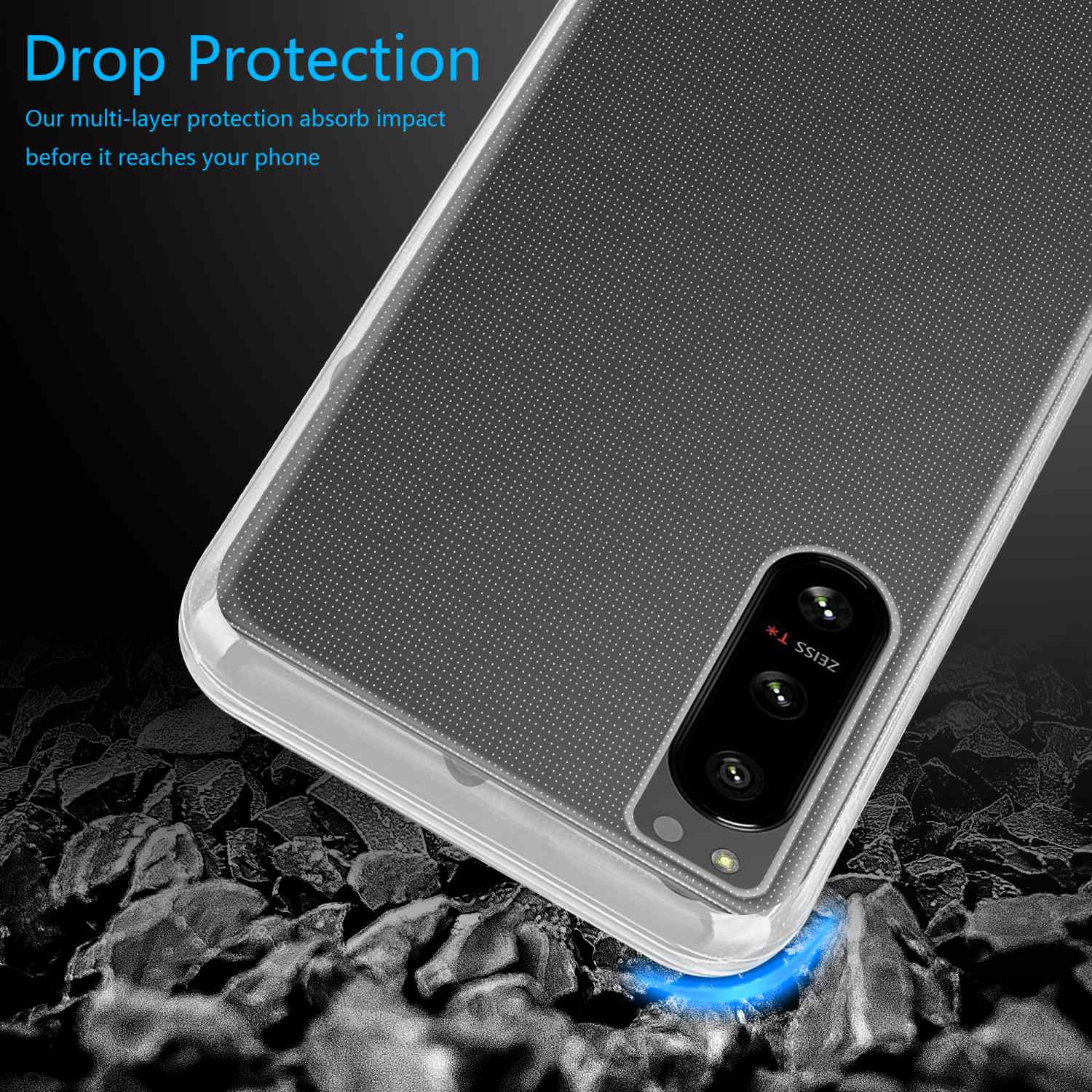 Un telefono in una custodia trasparente, posizionato su rocce nere. Testo: Drop Protection...