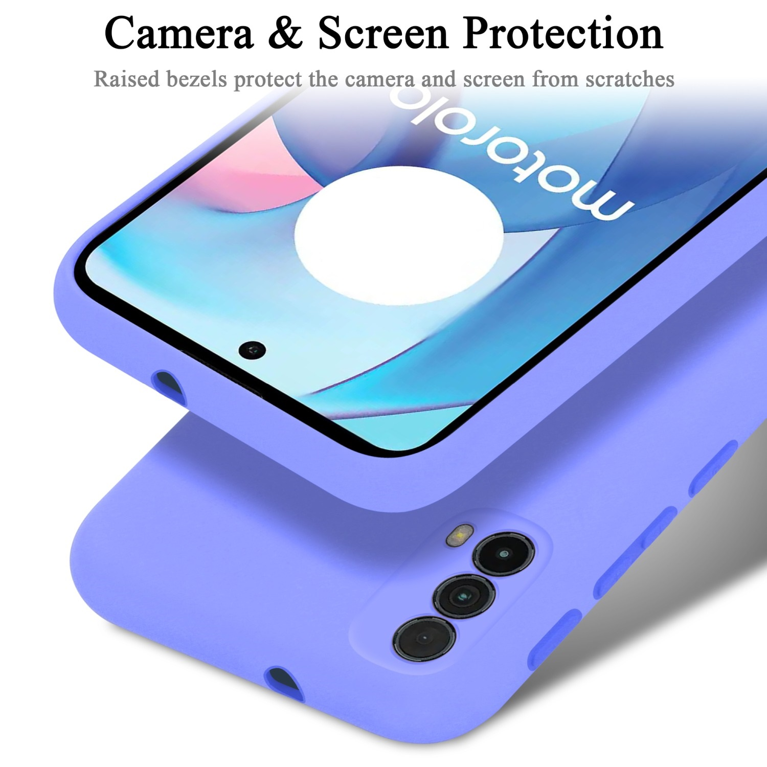 Custodia viola per telefono che protegge fotocamera e schermo.
