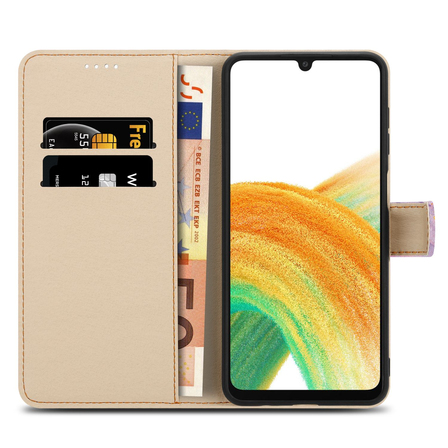 Custodia beige per telefono con carte e denaro. Un telefono è nella custodia.