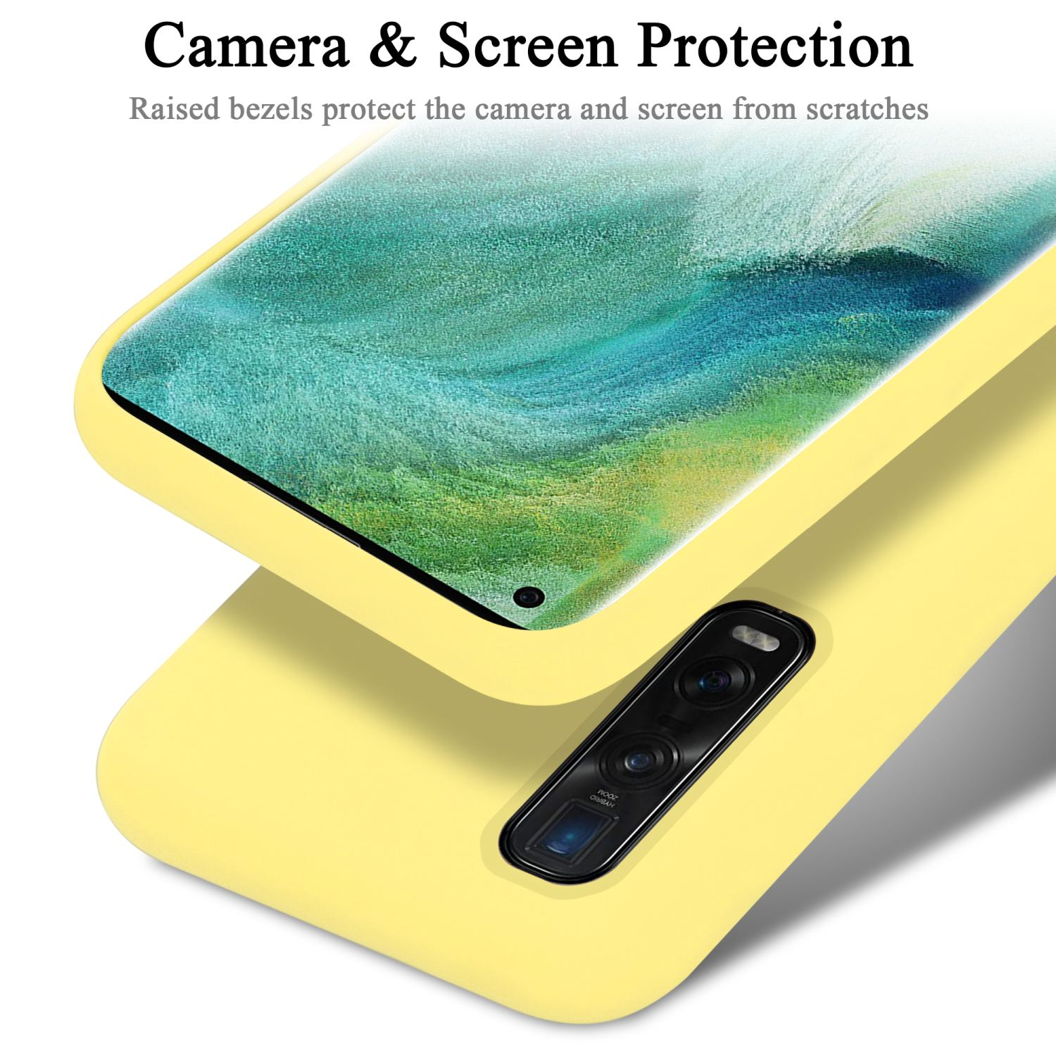 Eine gelbe Handyhülle schützt ein Telefon. Die Hülle bedeckt die Rückseite und die Kamera.