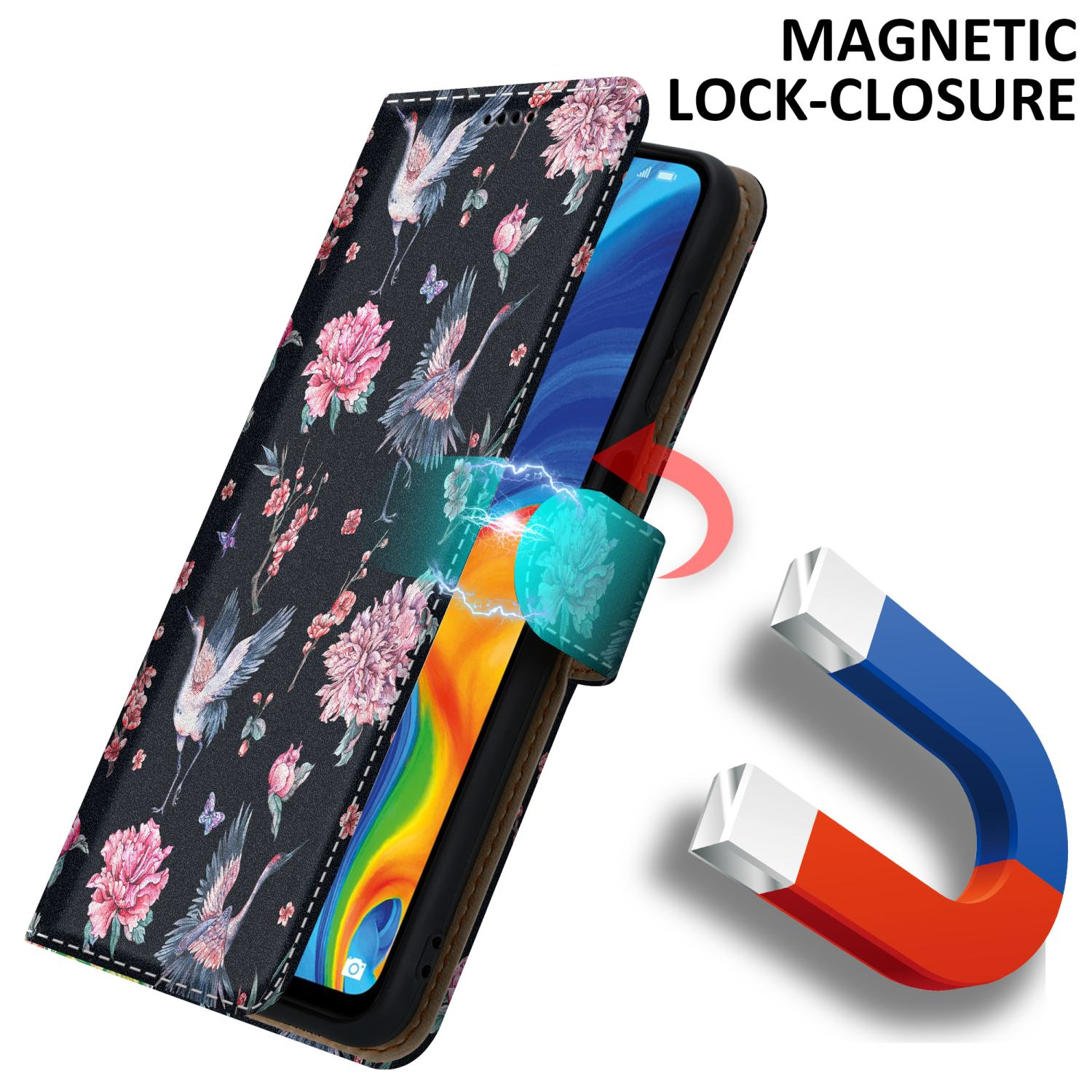 Handyhülle mit floralem Design und Magnetverschluss. Magnet zeigt den Verschluss.