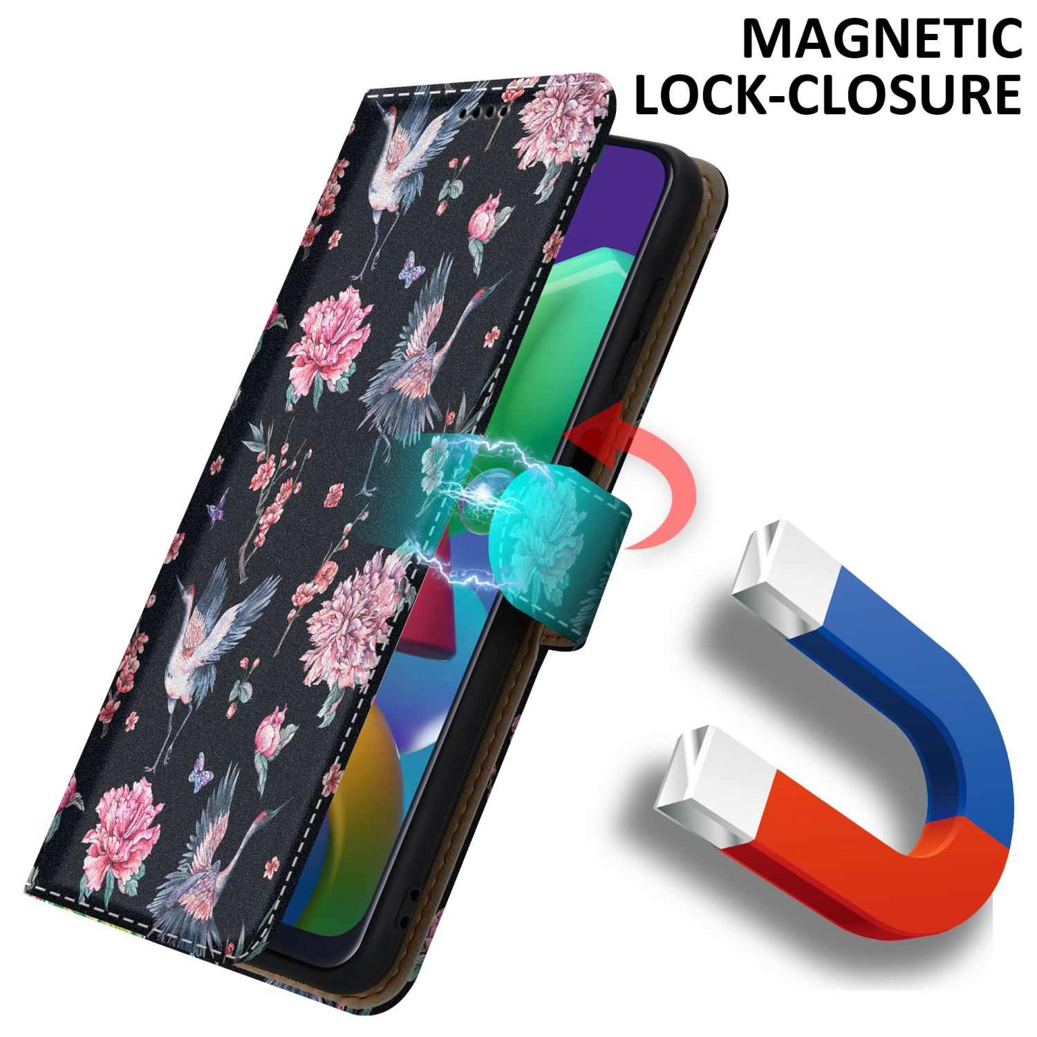 Una custodia per telefono con un design floreale è aperta, mostrando un telefono. Un dettaglio magnetico mostra la funzione di chiusura magnetica.