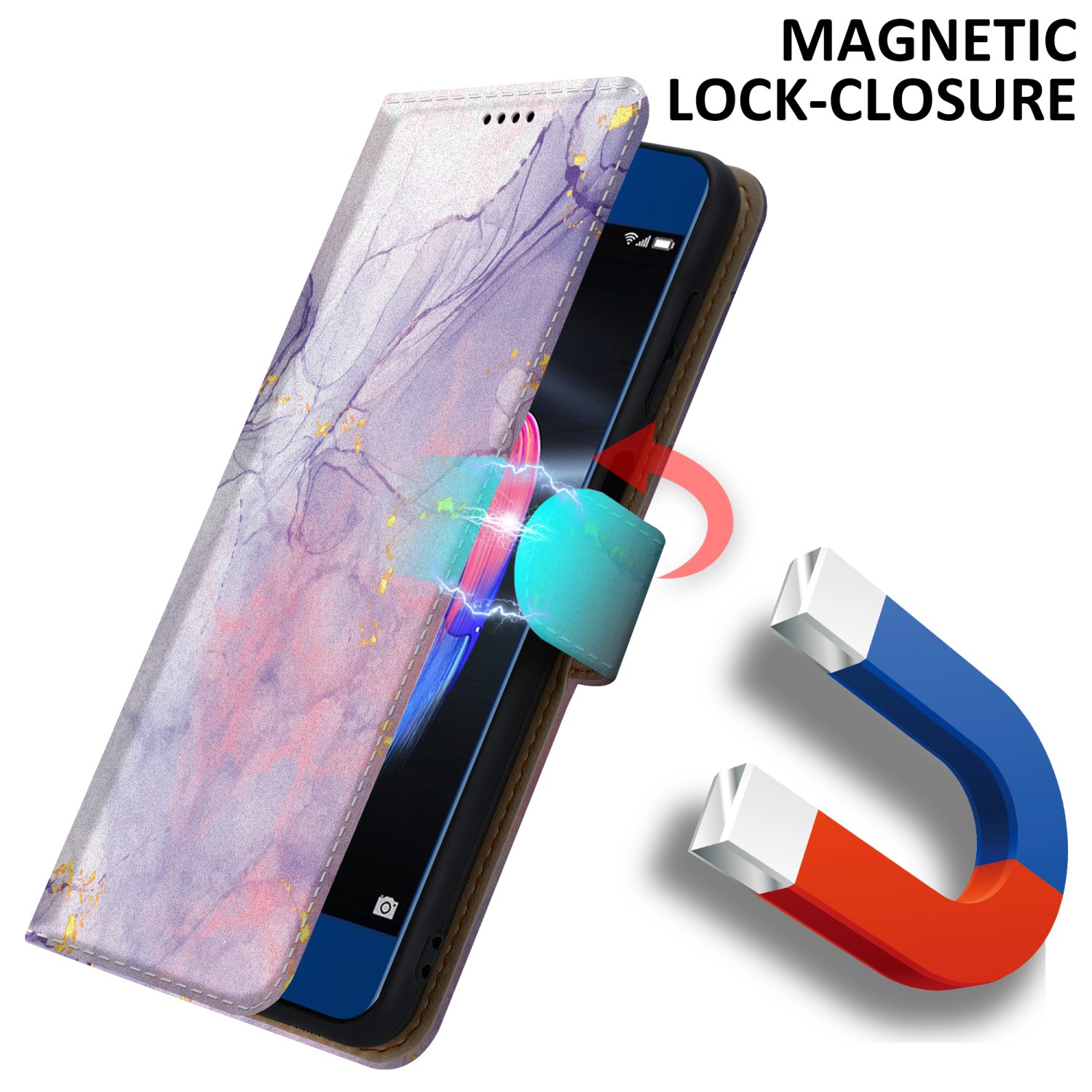 Custodia per telefono con chiusura magnetica. La custodia è aperta, mostrando il telefono. Vengono mostrati anche un magnete e una freccia rossa.