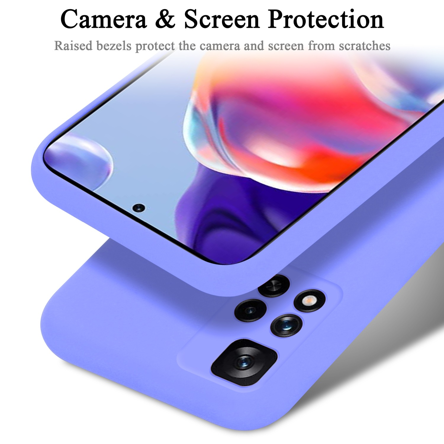 Custodia viola che protegge lo schermo e la fotocamera di un telefono.