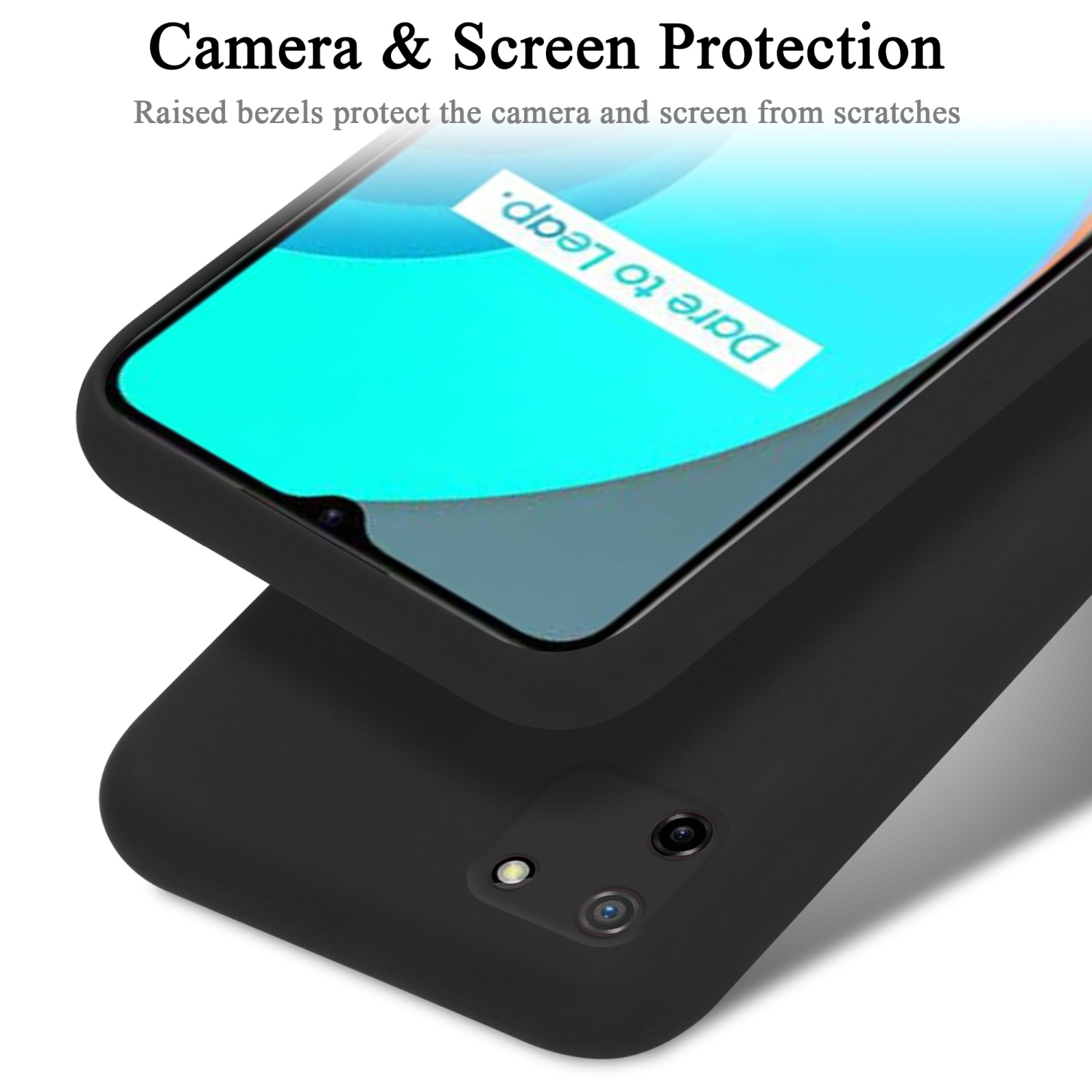 Schwarze Handyhülle schützt Bildschirm mit Text 'Dare to leap'. Text: 'Camera and Screen Protection'.