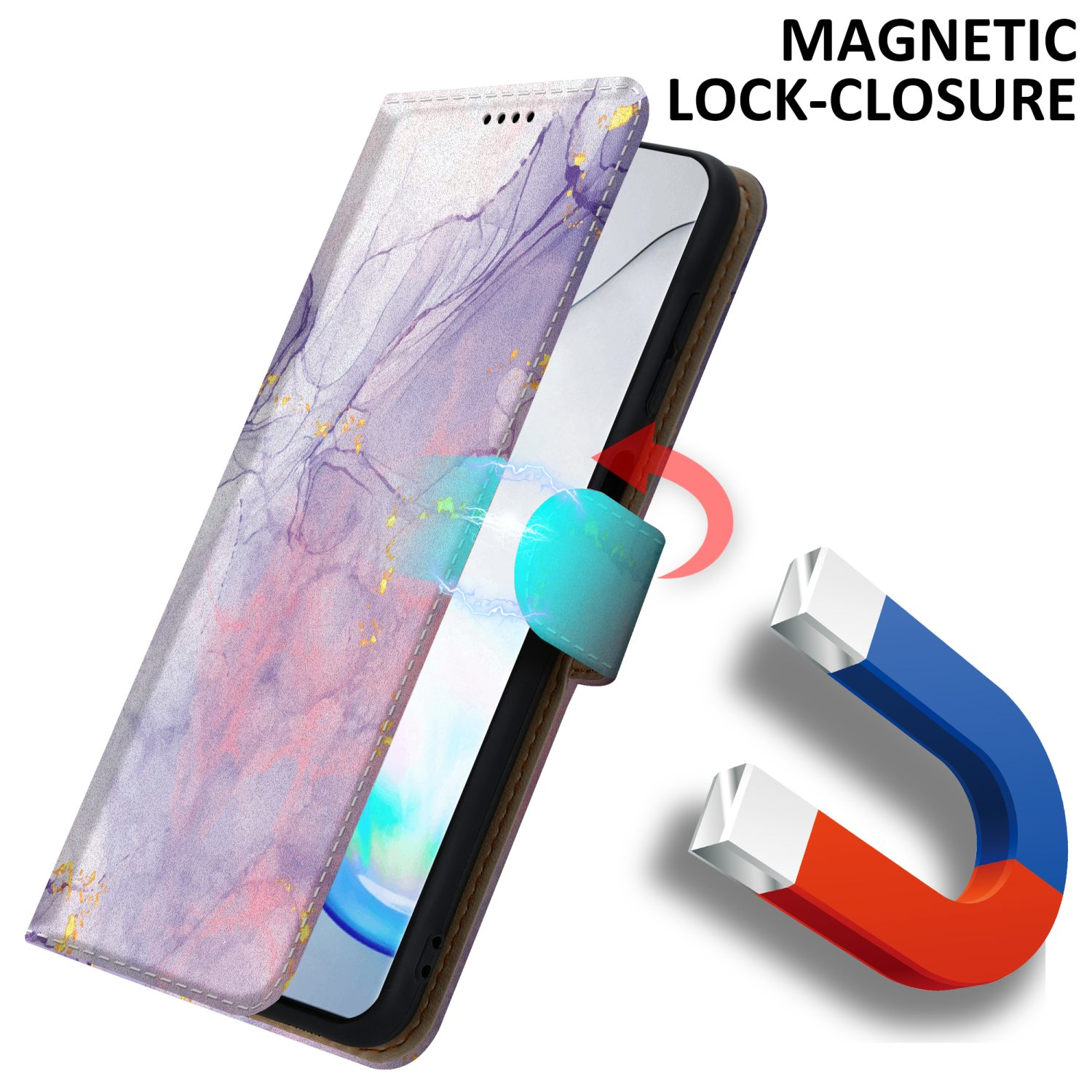 Custodia del telefono aperta, che mostra lo schermo. Dimostrazione di chiusura magnetica con un magnete.