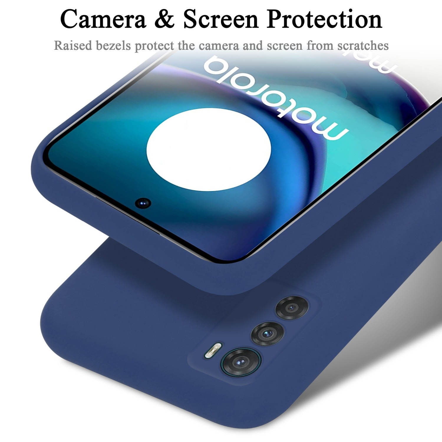 Eine blaue Handyhülle mit Telefon. Die Hülle schützt Bildschirm und Kamera.