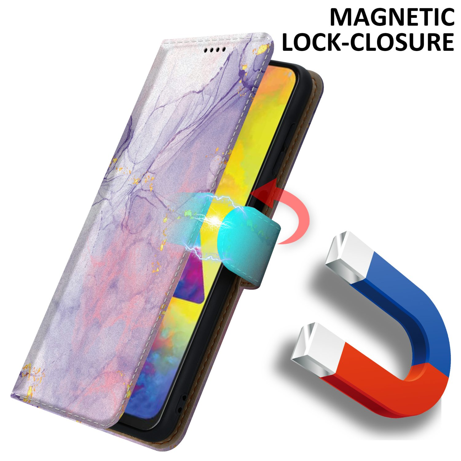 Apertura della custodia magnetica del telefono. Design a marmo viola e un magnete.