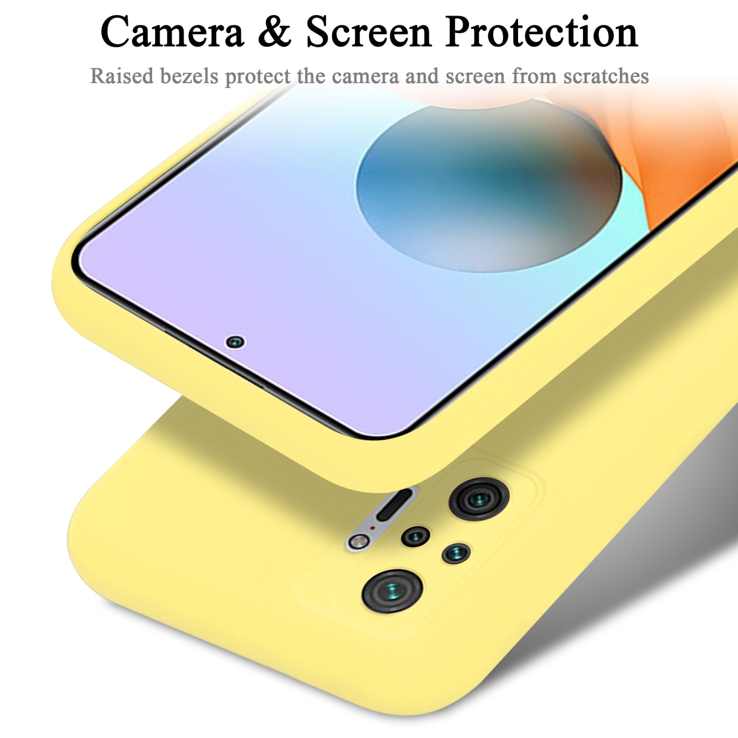 Custodia gialla per telefono con protezione schermo. Testo protezione fotocamera e schermo visibile.