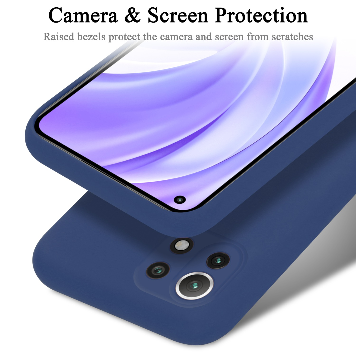 Blaue Handyhülle schützt ein Telefon. Der Bildschirm ist oben rechts sichtbar.