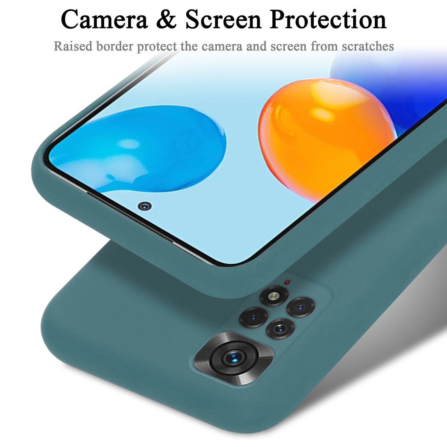 Türkisfarbene Handyhülle bedeckt Telefon. Bildschirm zeigt Design mit orange und blauen Kreisen.