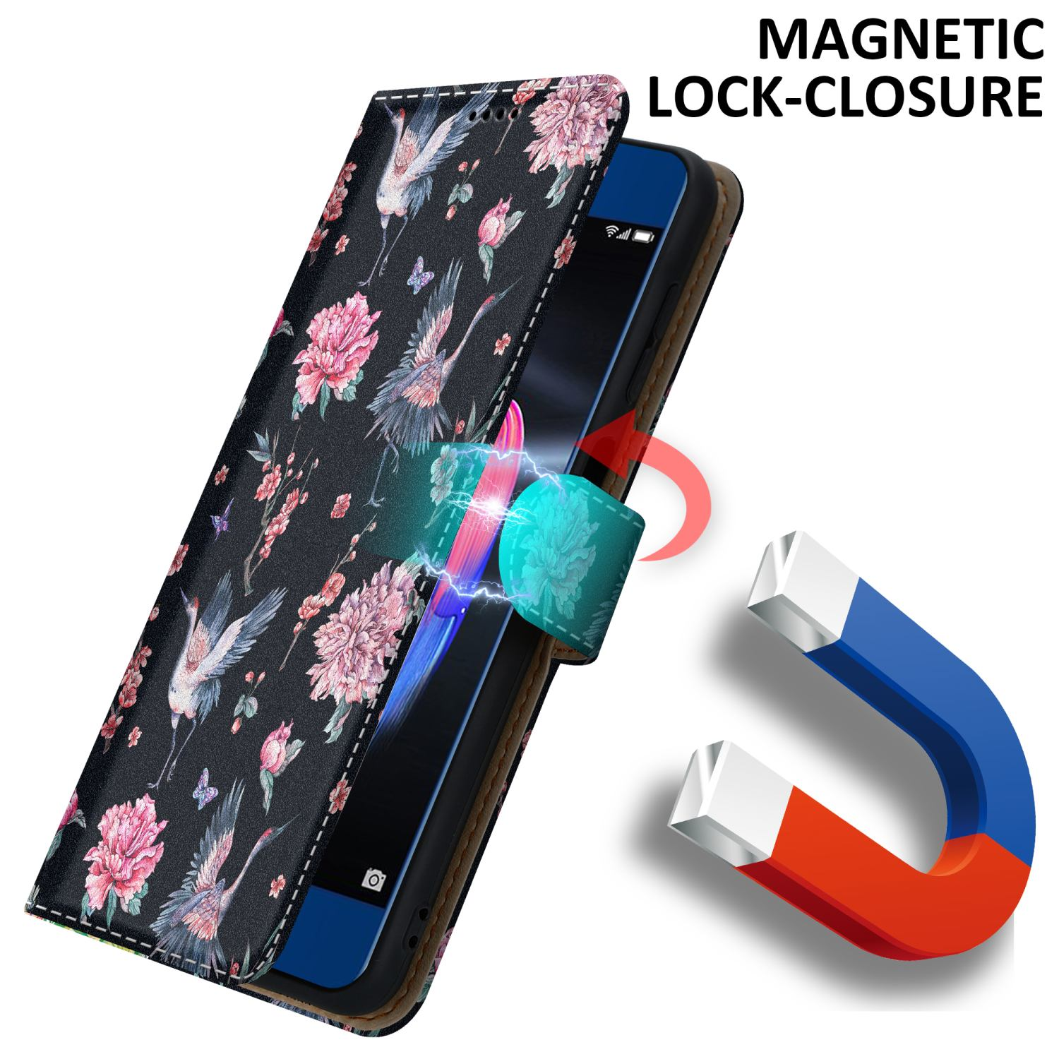 Custodia nera per telefono con motivo floreale. Chiusura magnetica e un magnete che attrae il telefono. Aperta per rivelare.