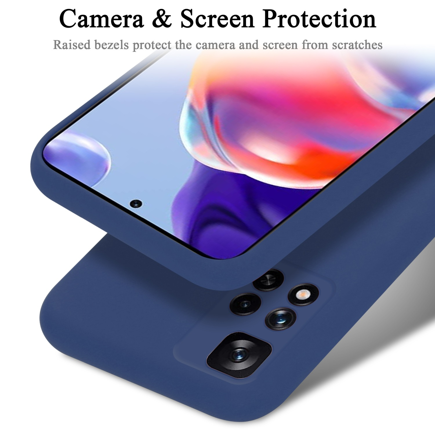 Una custodia per telefono blu con un telefono all'interno. La custodia protegge la fotocamera e lo schermo.