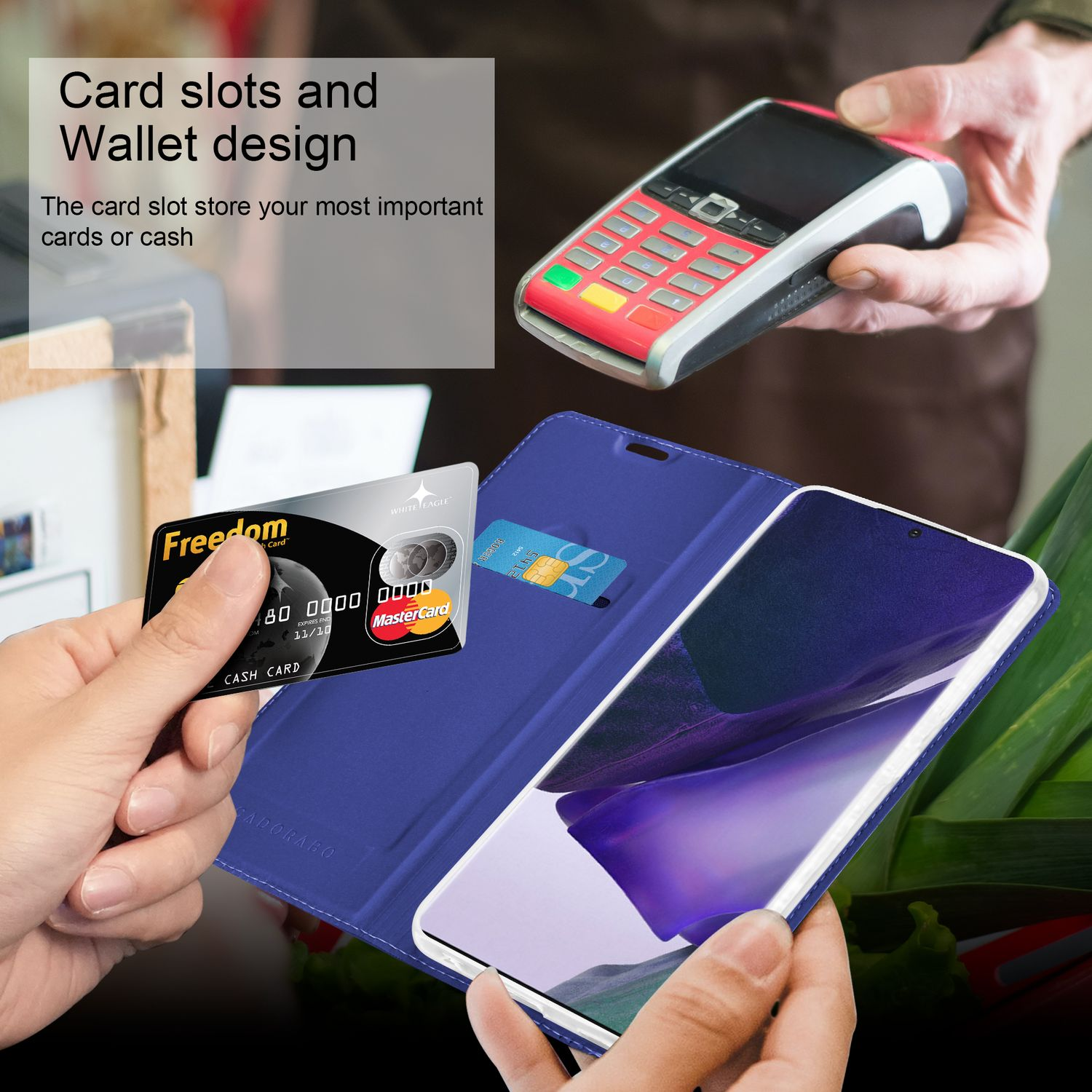 Mani che tengono carta di credito e telefono, custodia a portafoglio.