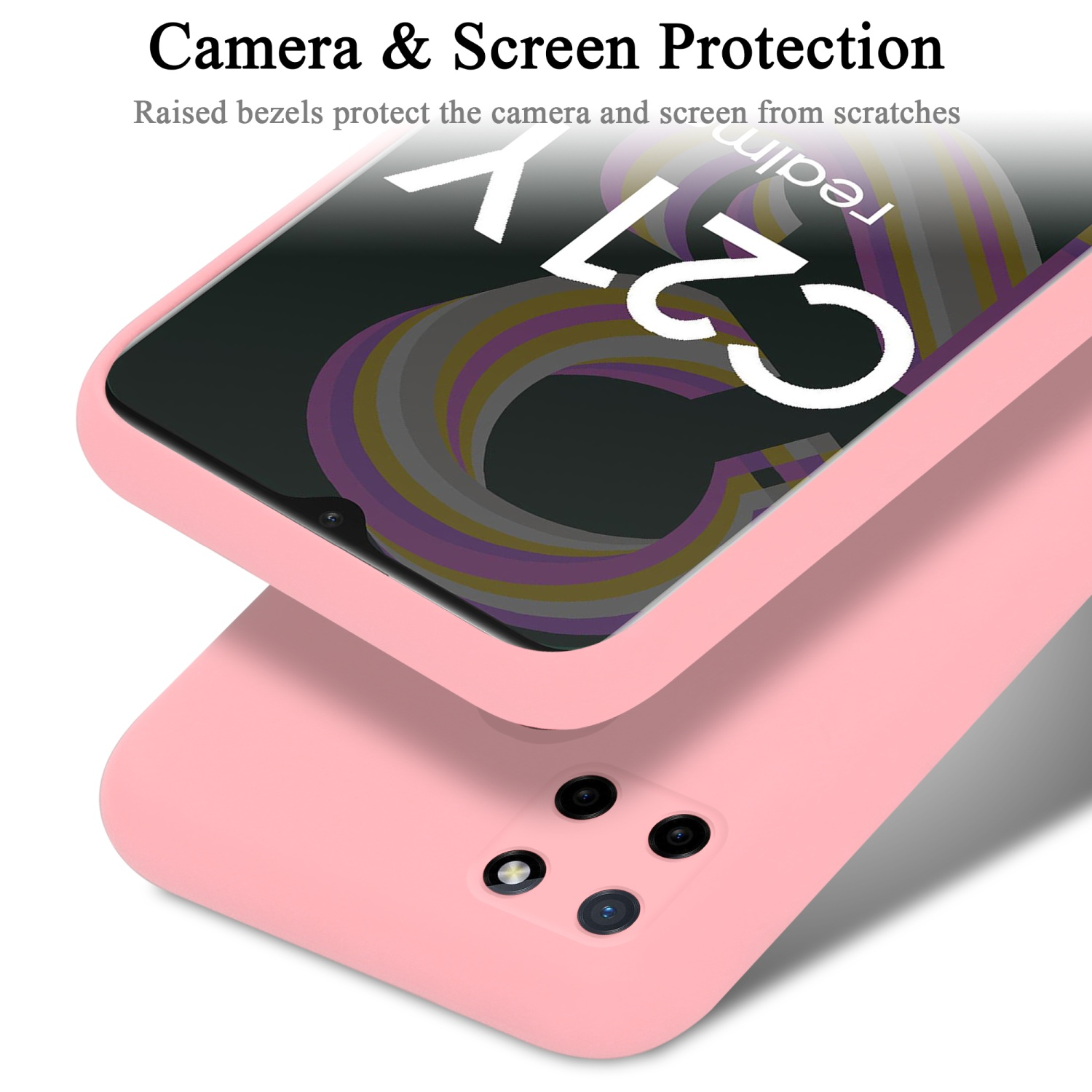 Eine rosa Handyhülle mit einem Telefon. Die Hülle bedeckt die Rückseite und die Kamera.