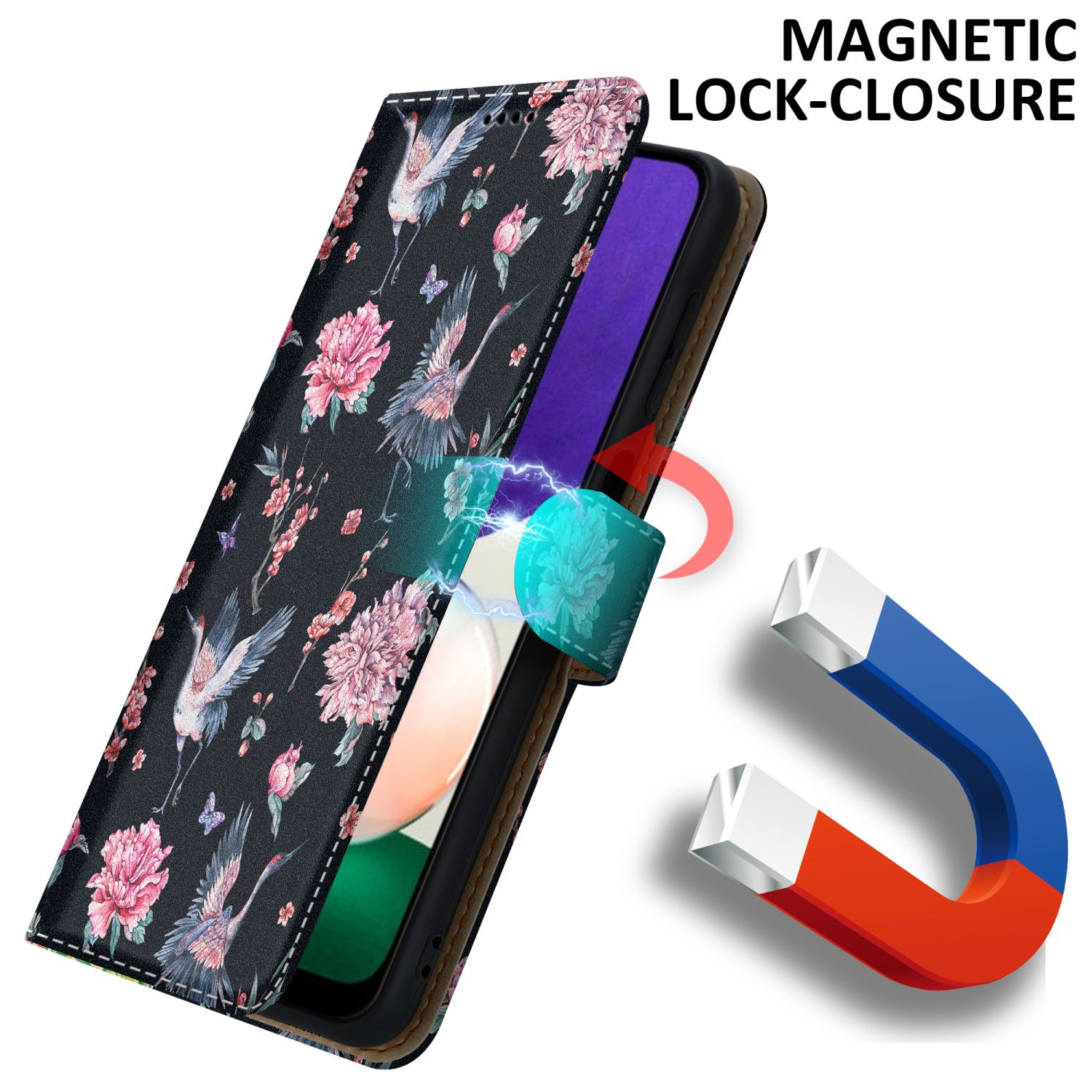 Geöffnete Handyhülle mit floralem Design, magnetischem Verschluss und einem Telefon im Inneren.