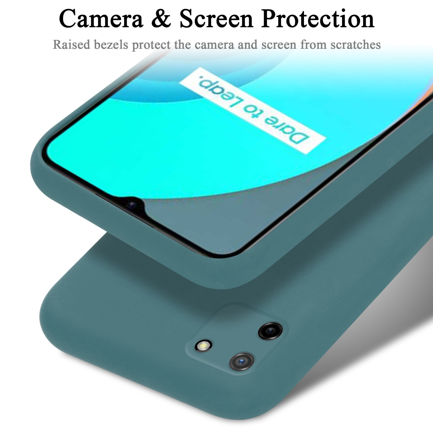 Ein Telefon in einer tealfarbenen Hülle mit Kamera und Displayschutz, mit Text zum Schutz.